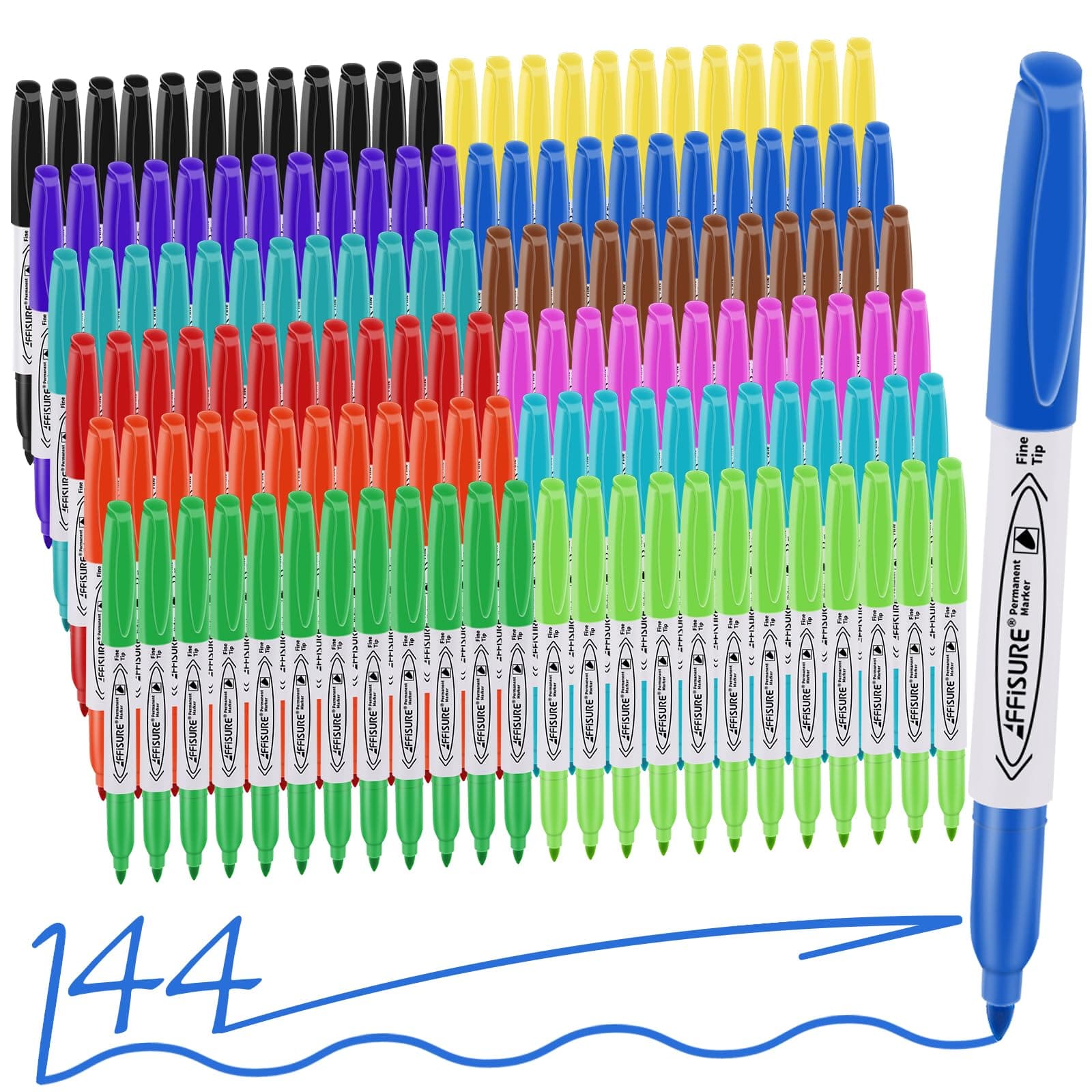 Affisure 12 Colors Permanent Markers, 144 Pack colored marker sets, Assorted Colors Marker,Fine Point, Permanent Markers Bulk, Fast Dry, Waterproof, work on Plastic, Glass, Metal, Wood and Stone