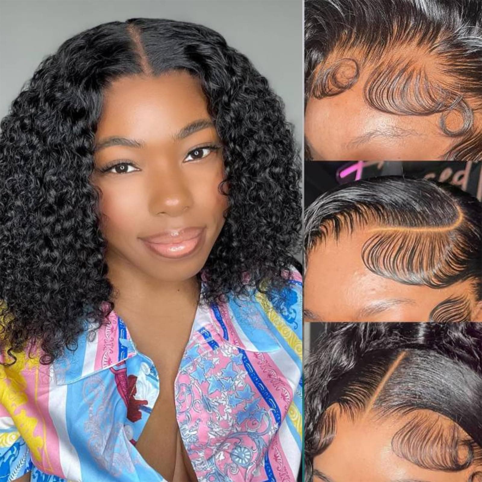 13x4 Lace Front Wigs Human Hair 8 Inch Curly Bob Wigs for Women Human Hair 200% Density Short Curly Glueless Wigs Human Hair Pre Plucked with Baby Hair Perruque Femme Humain Naturel Black