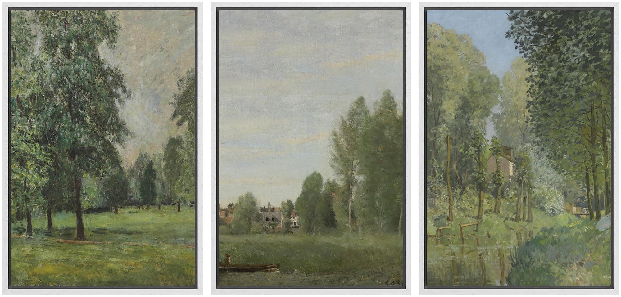 Ashbrook Framed Canvas Print Wall Art Set Fine Art Watercolor Emerald Green Forest Landscape Nature Wilderness Illustrations Floral Botanical Minimal Calm/Relax for Bedroom - 16"x24"x3 White