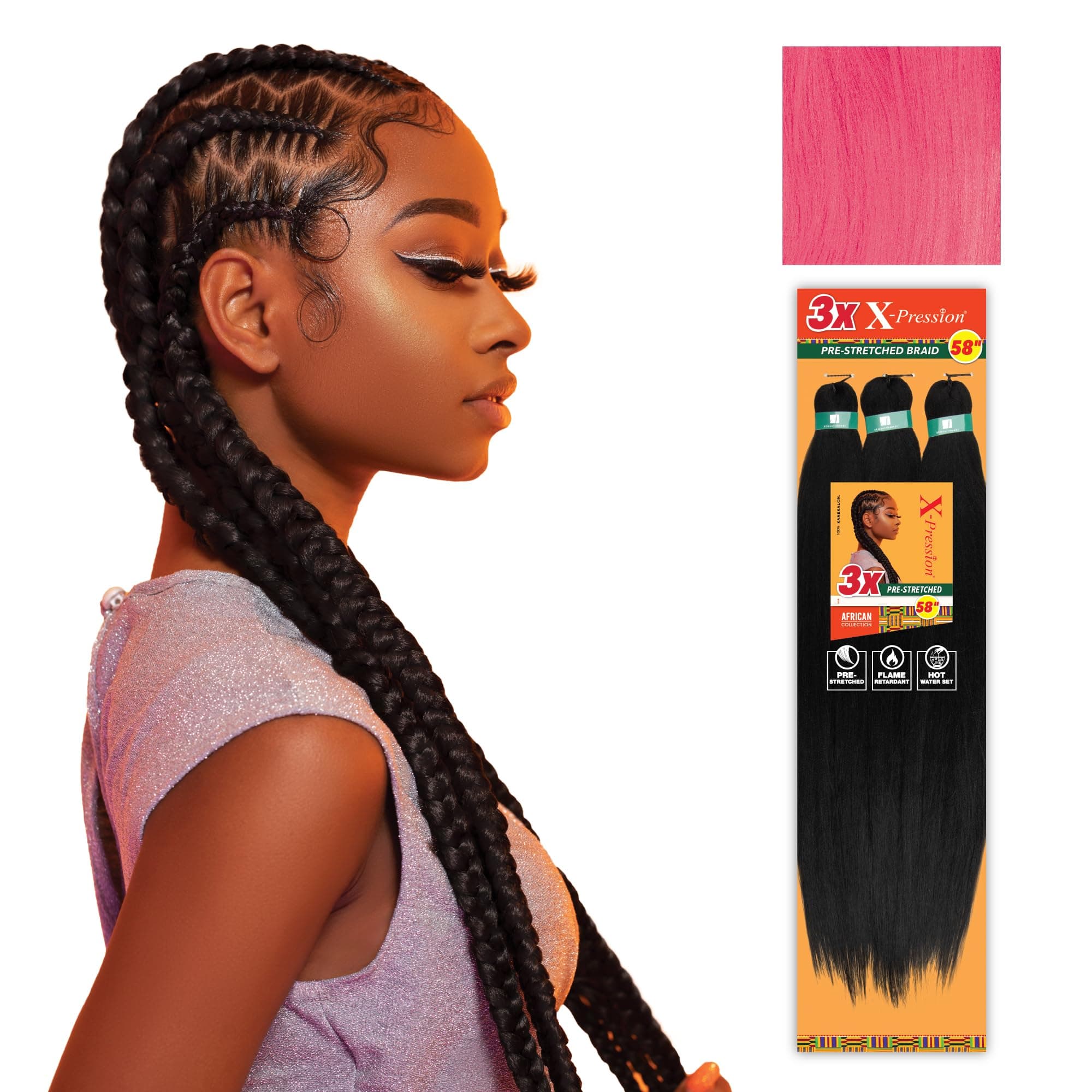 Sensationnel Xpression prestretched braiding hair - Kanekalon flame retardant smooth yaki braid hair extension 3X 58 inch (2 pack, PINK)