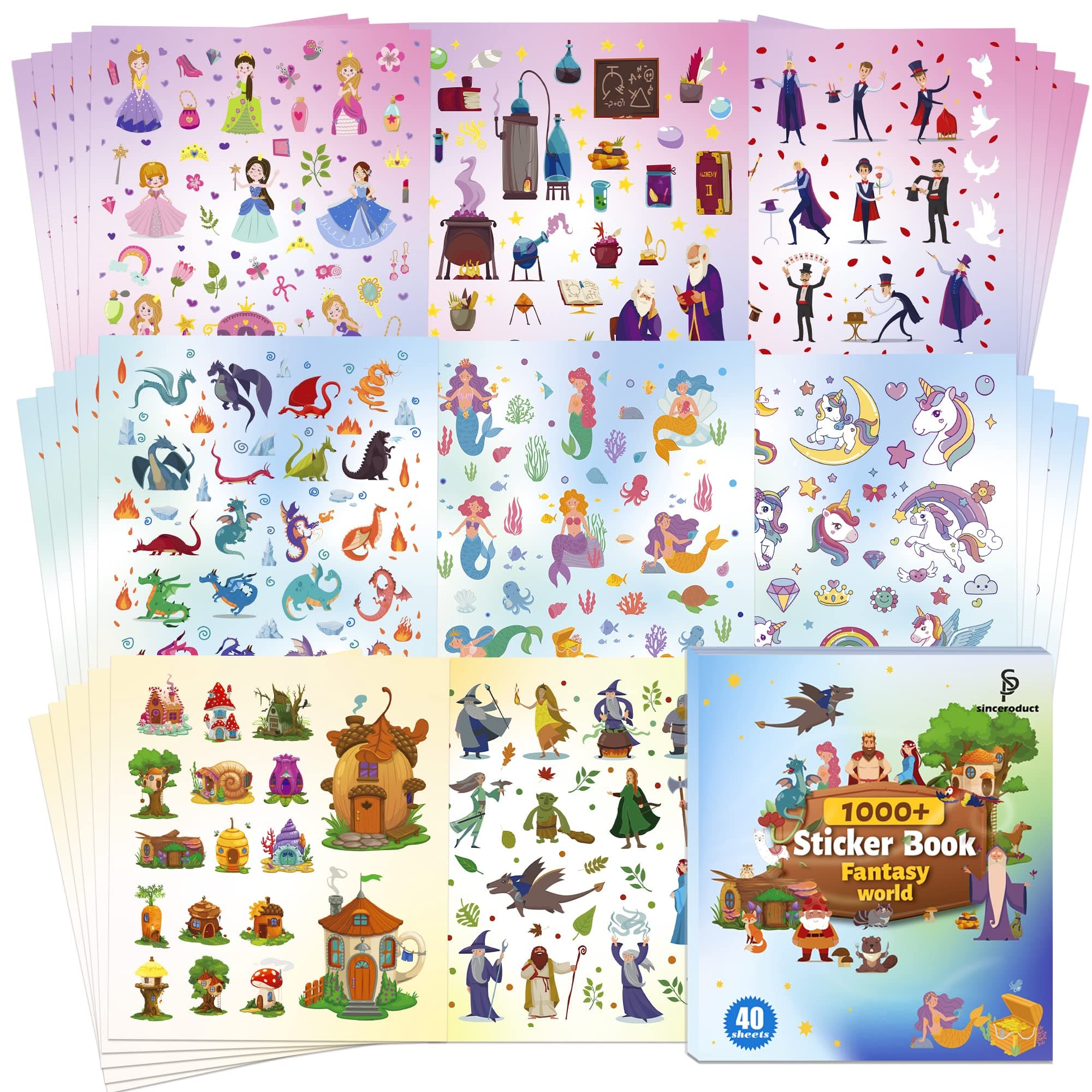 Sinceroduct Stickers for Kids - 40 Sheets Different Magic Fairy Tale Stickers, Sticker Book with 1000+ Cartoon Patterns, 20 Themes of Cute Stickers, Gifts for Kids and Toddlers, Holidays and Parties