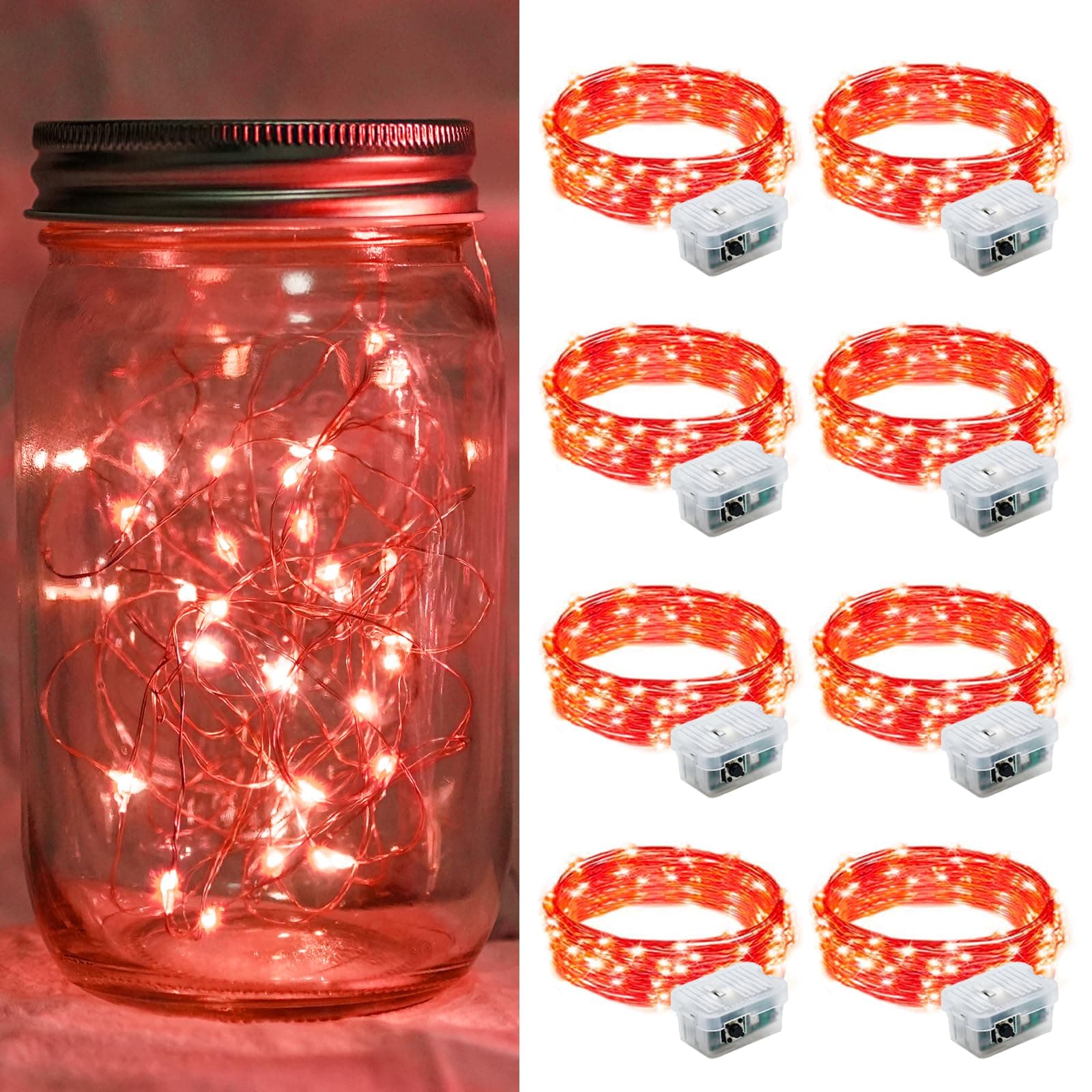 chzk 8 Pack Fairy Lights Battery Operated 7FT 20 LED Mini String Lights with 3 Lighting Modes Waterproof Twinkle Lights for Easter Valentine's Day Halloween Mason Jars Party Decor(Red)