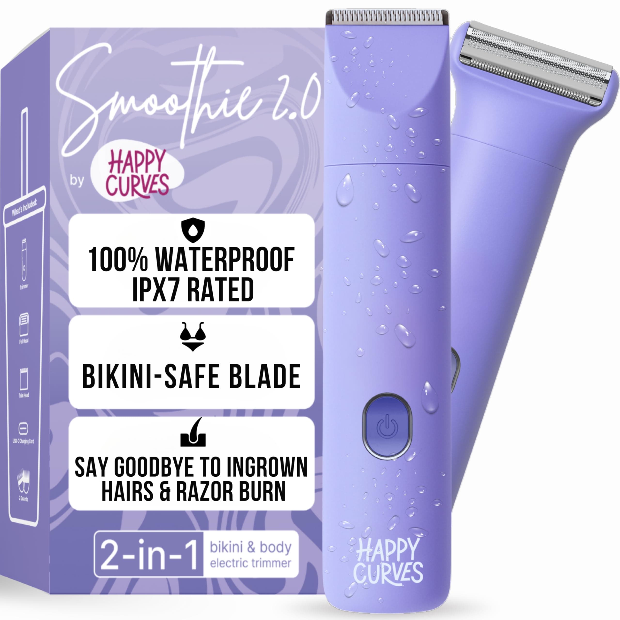 HAPPY CURVES Smoothie 2.0 Bikini Trimmer - Electric Razor for Women, Waterproof Hair Groomer with Adjustable Guards, Personal Shaver for Pubic Hair, Ladies Intimate Shaver and Body Trimmer (Berry)