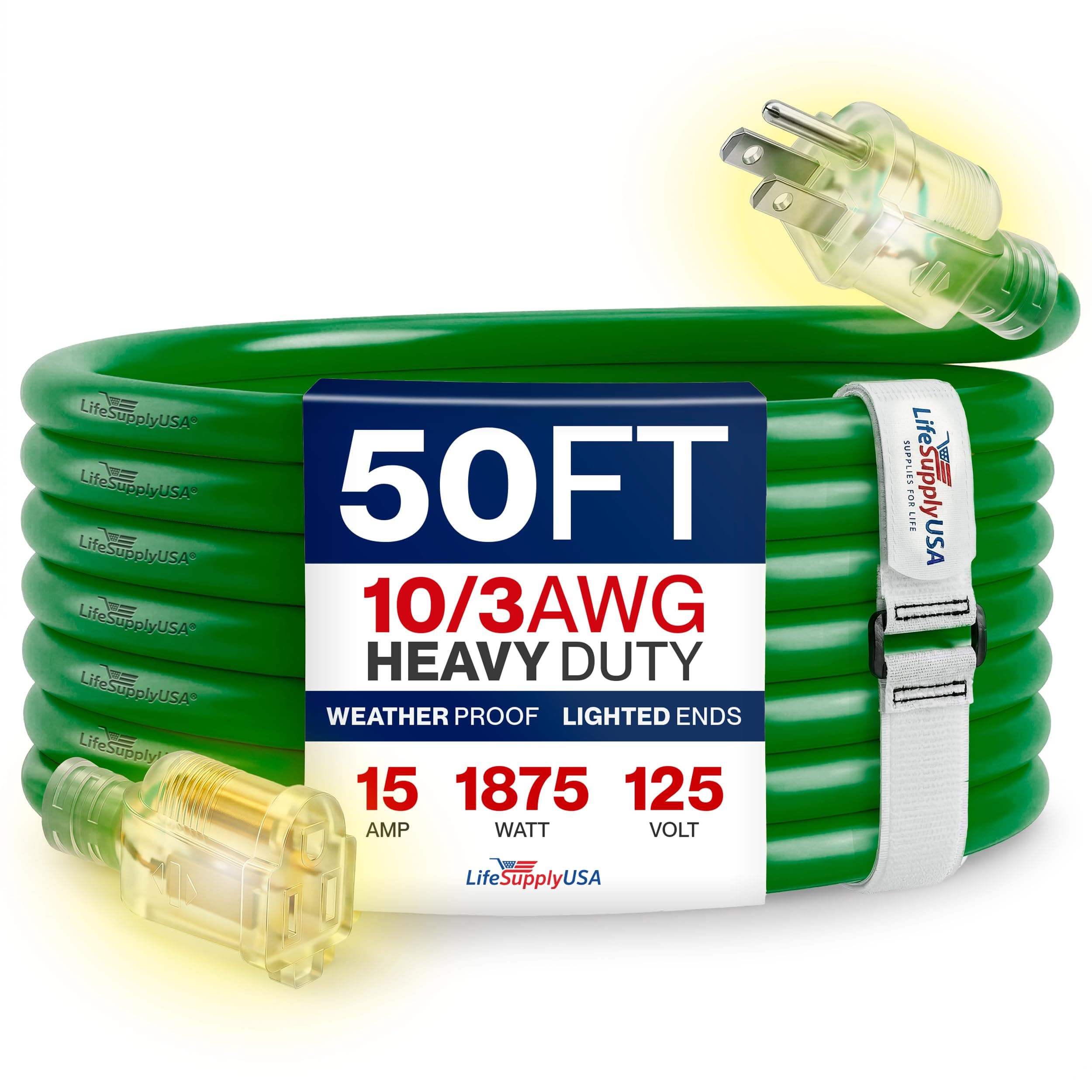 50ft Outdoor/Indoor Extension Cord 10/3 Gauge Ultra Heavy Duty 3 Prong SJTW, Waterproof, Flexible Cold-Resistant Long Power Cord,15A 125V 1875W, Green by LifeSupplyUSA