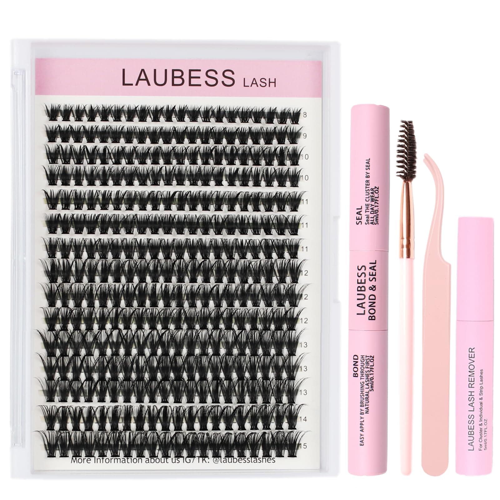 Eyelash Extension Kit 300 Pcs Lash Clusters Kit Lash Bond and Seal Waterproof Lash Tweezers DIY Lash Extension Kit Eyelash Glue Remover Lash Brush for Beginners (Set 40D-0.07C-8-15Mix)