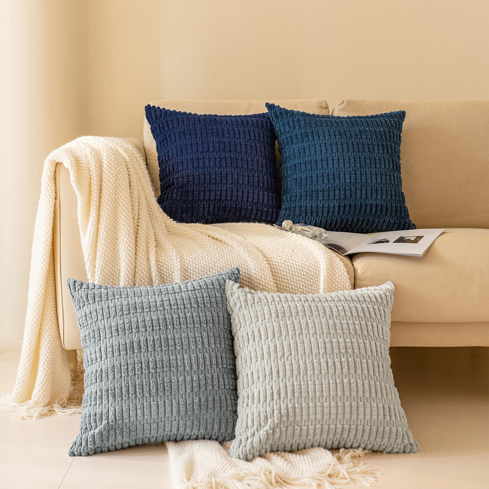 Softalker Throw Pillow Covers 22x22 Inch, Set of 4, Corduroy Soft Striped Farmhouse Boho Pillow Cover, Modern Decorative Cushion Pillow Case for Couch Sofa Bedroom Living Room(Grey/Blue)