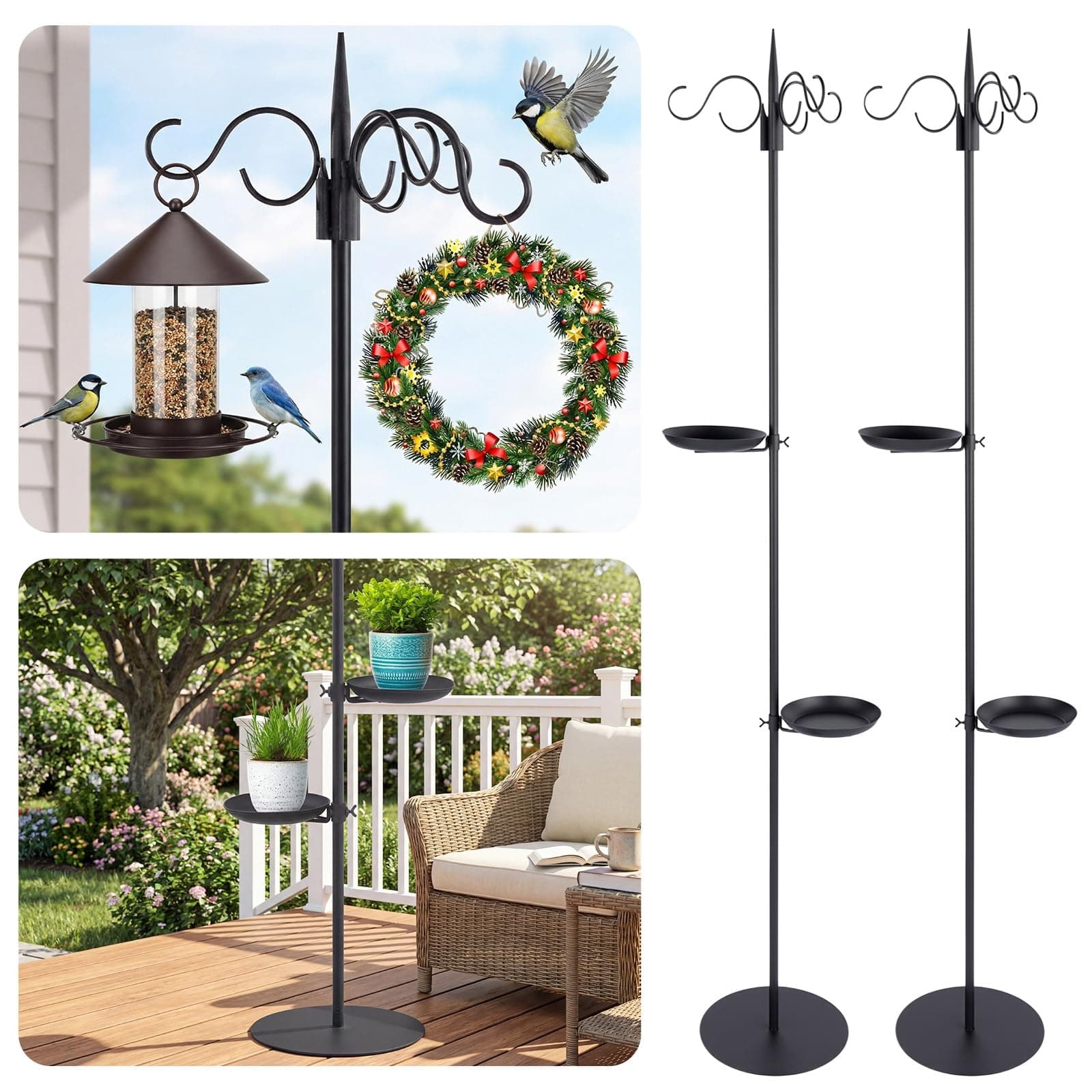 Otoolling 2 Sets 75.9" Shepherd's Hook Stand for Hanging Plant, Bird Feeder, Waterproof Metal & Adjustable Standing Pole Holder for Indoor Outdoor, with 2 Rotatable Rack & Weight Bag (3 Hooks)