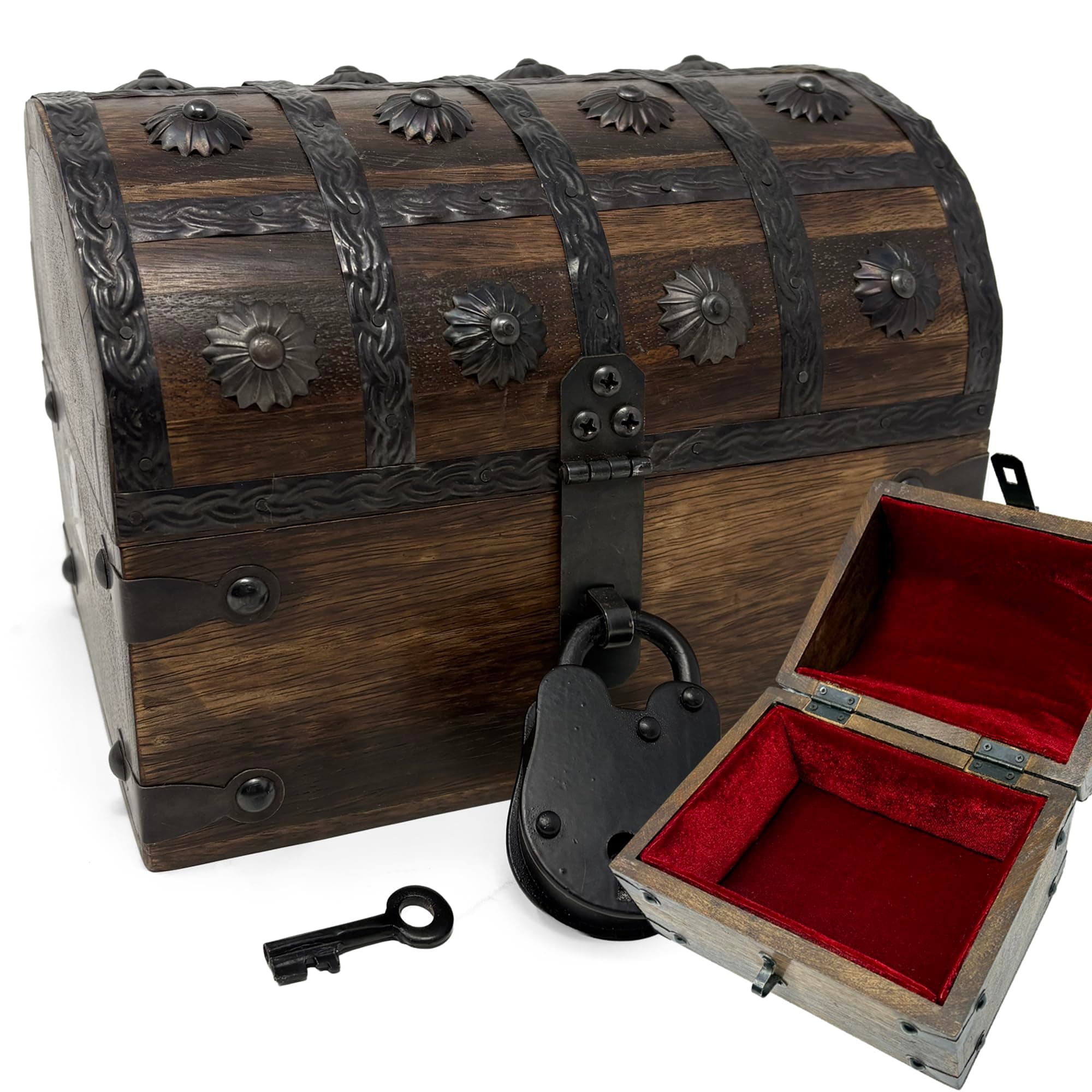Nautical Cove Wooden Treasure Chest with Padded Velvet Lining and Antique Lock with Skeleton Keys (Small 8x6x6) – Luxury Wood Pirate Chest, Wooden Keepsake Box, Decorative Box with Lid