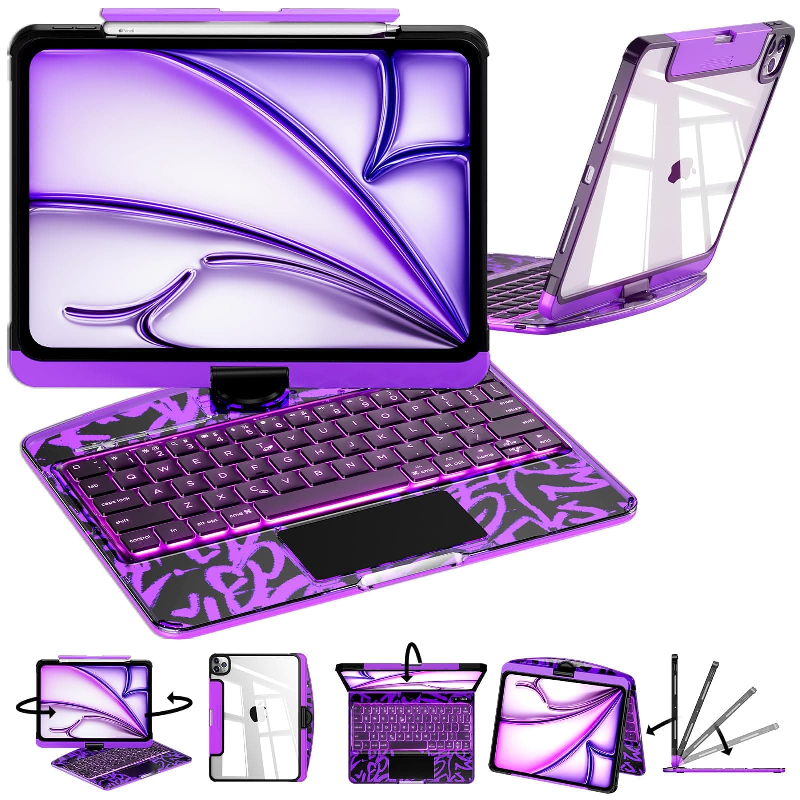 CNAIDUNR iPad Keyboard Case,for iPad Pro 13-in (M4/M5) 2024/2025,Transparent Keyboard Case with RGB Backlight, 360°Rotating Trackpad,and Stylus Slot,Purple