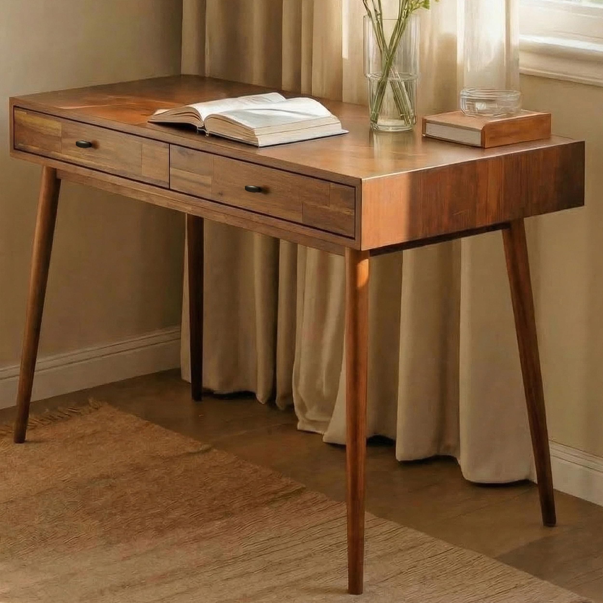 Acacia Lagom 48" Solid Wood Work Desk with Drawers, Home Office Desk Office Furniture, Work Table for Home Office, Scandinavian Style Wood Work Desk for Home Office, Walnut