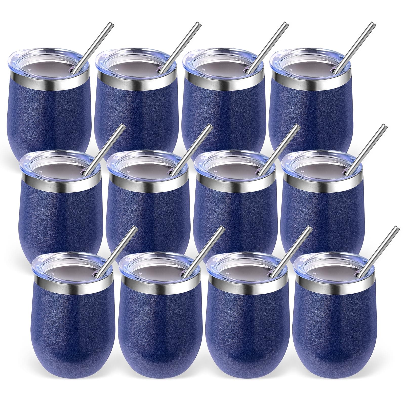 Volhoply 12oz Stainless Steel Wine Tumbler with Lid Bulk 12 Pack,Double Wall Vacuum Stemless Wine Glasses,Reusable Metal Travel Coffee Mug with Straw,Insulated Cups Gifts for Christmas(Navy,12 Set)