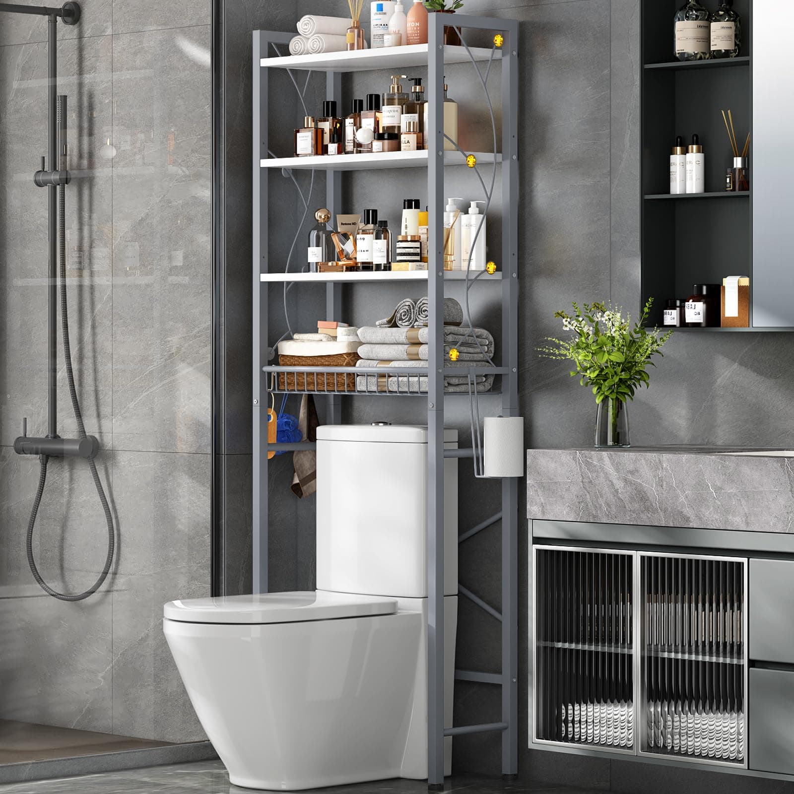 Salakita Over-The-Toilet Storage Rack, 4-Tier Bathroom Organizer Shelf Over Toilet with Adjustable Shelf and Basket, Freestanding Space Saver Bathroom Shelves Above Toilet for Room (Gray White)