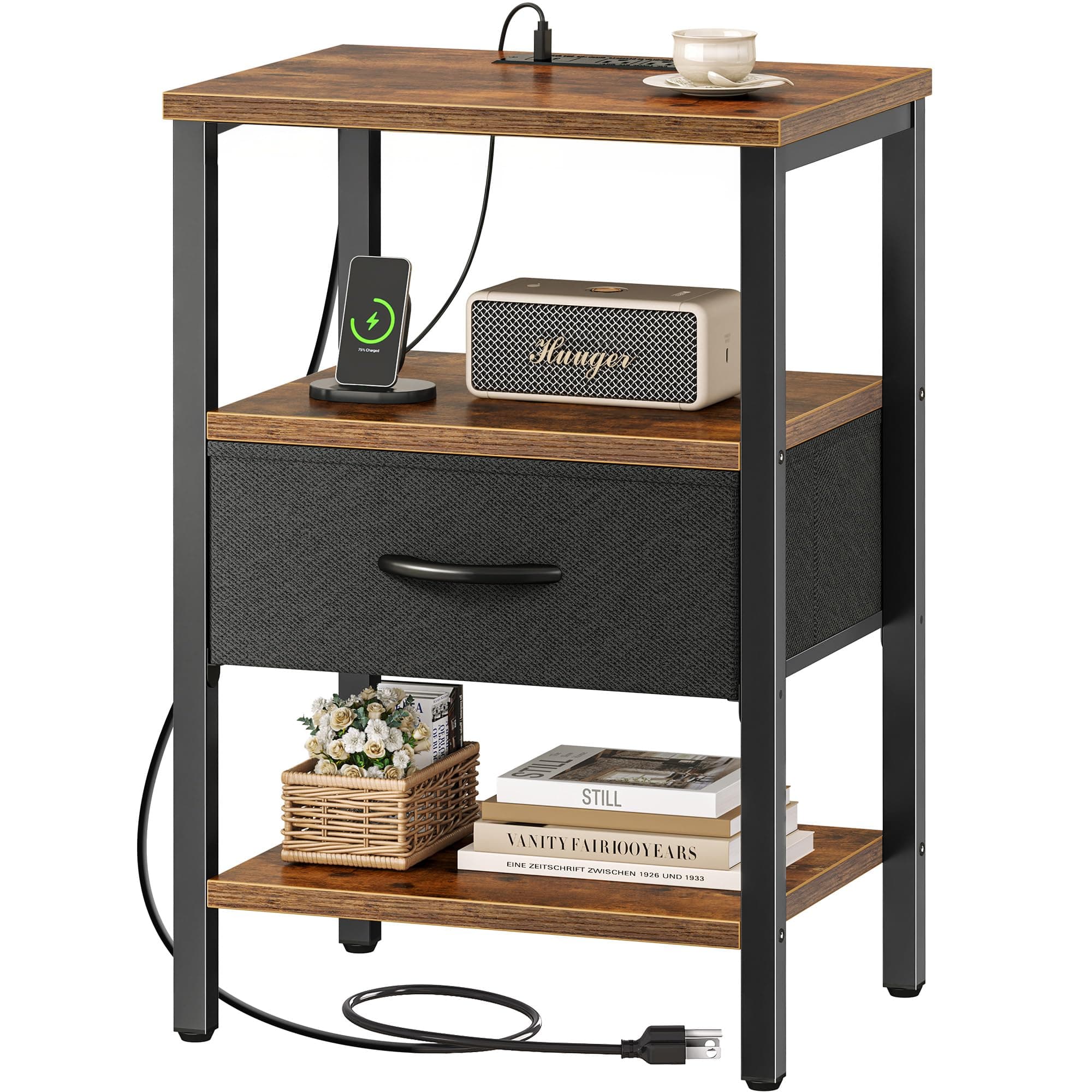 SUPERJARE Nightstand with Charging Station, Bed Side Table with Adjustable Fabric Drawer, Night Stand for Bedroom, 3-Tier Storage End Table, for Living Room, Rustic Brown and Black