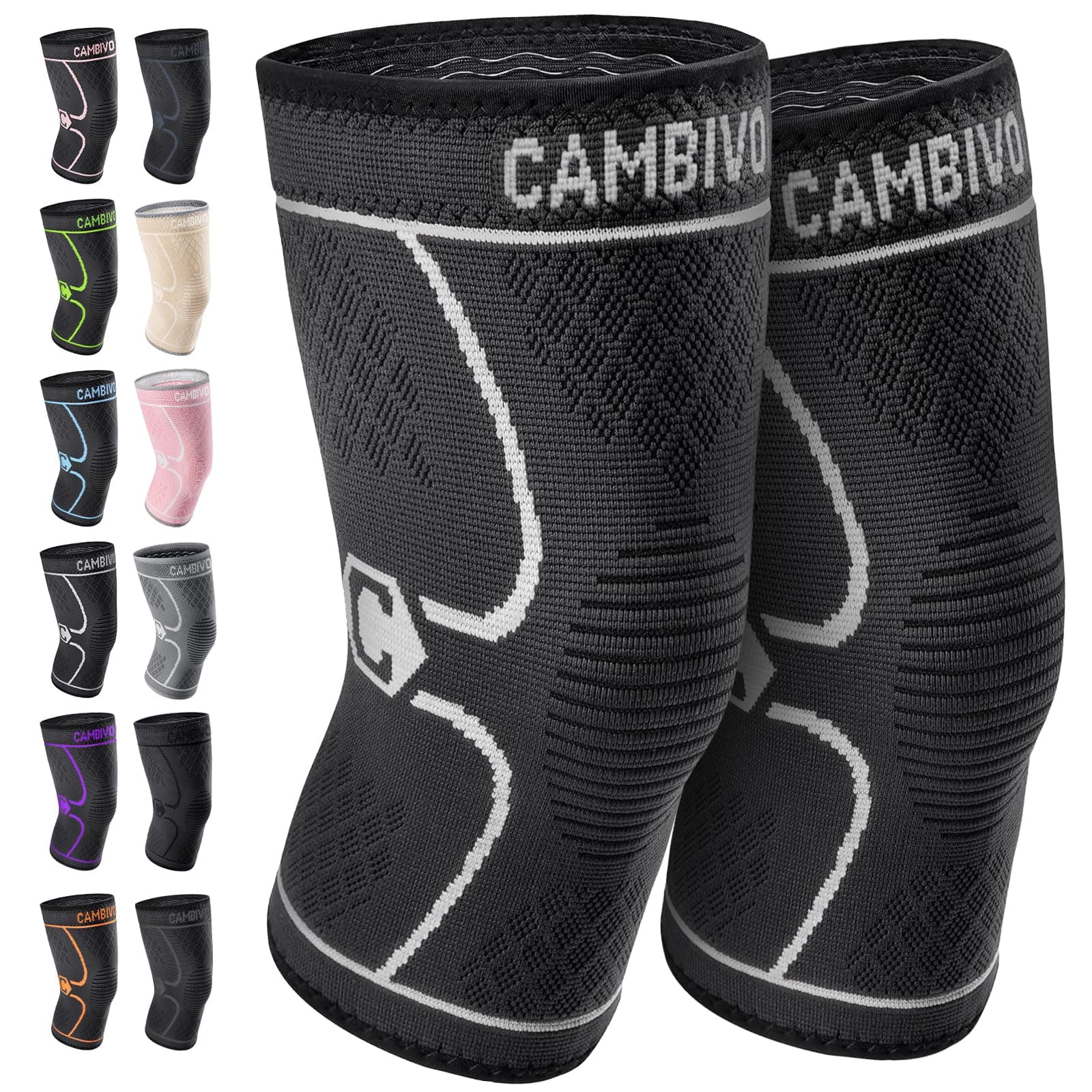 CAMBIVO 2 Pack Knee Brace, Knee Compression Sleeve Anti-Slip