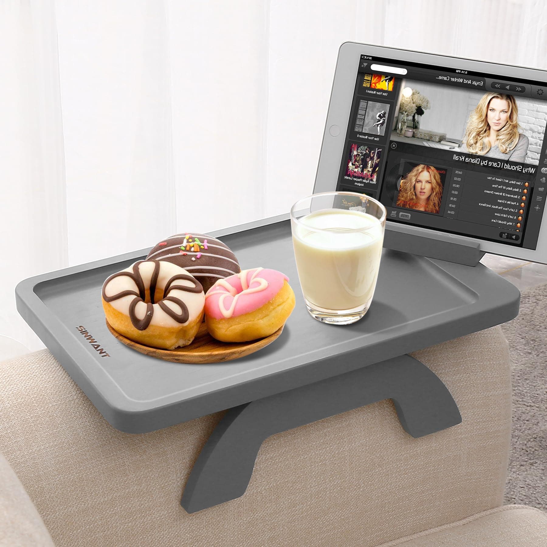 SINWANT Couch Armrest Table,Bamboo Couch Arm Table 360° Phone Holder,Foldable Sofa Arm Tray for Eating Drinking Snacks Remote on Chair Armrest