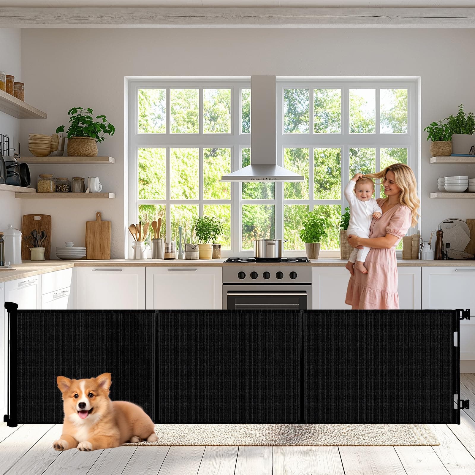 Sulishang Retractable Baby Gate 33"x118"- Safety Mesh Baby Gate/Dog Gate, 33inch Tall and Extends up to 71inch Wide for Stairs, Doorways, Hallways, Banisters Indoor and Outdoor (Black)