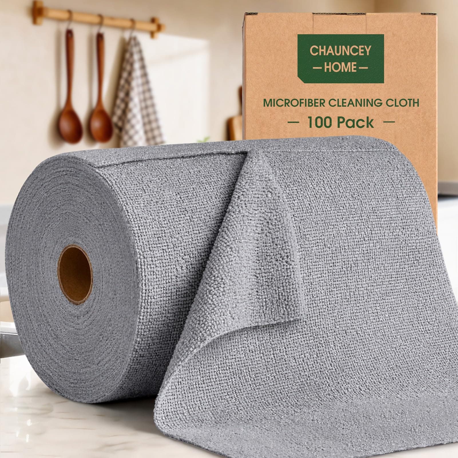 Roll of Microfiber Cleaning Cloth –100 Pack, Tear Away Microfiber Towels, Reusable, Washable, Scratch-Free, Cleaning Supplies,Kitchen Towels for Car, Home, Kitchen, Glass, Dishes (CloudGray)