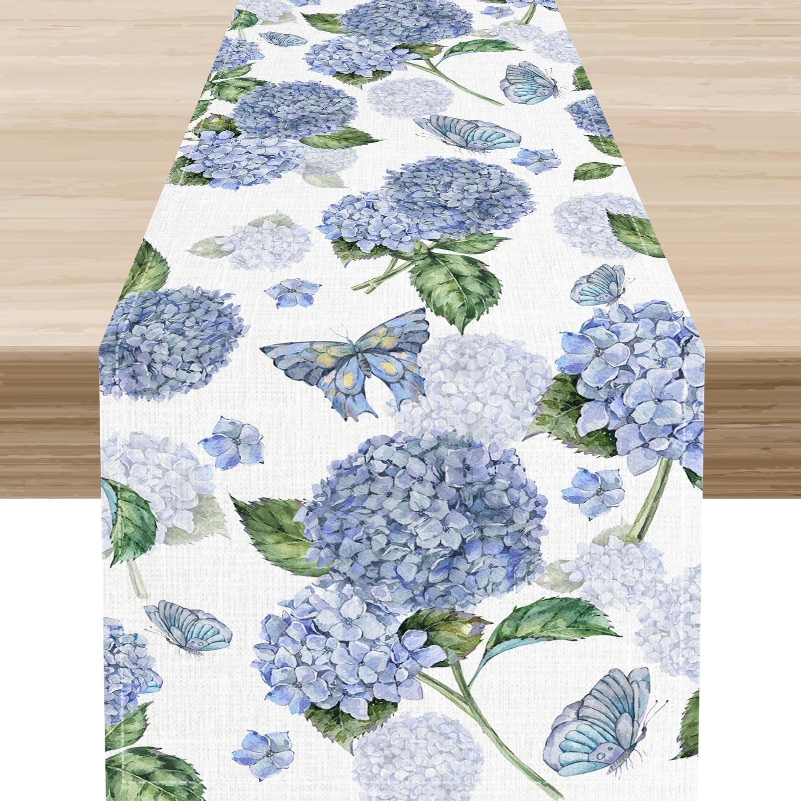 Blue Floral Table Runner, Country Watercolor Spring Summer Seasonal Hydrangea Flower Butterfly Farmhouse Table Center Decor for Home Kitchen Dining Patio Holiday Party Table Decorations, 13"x36" Inch