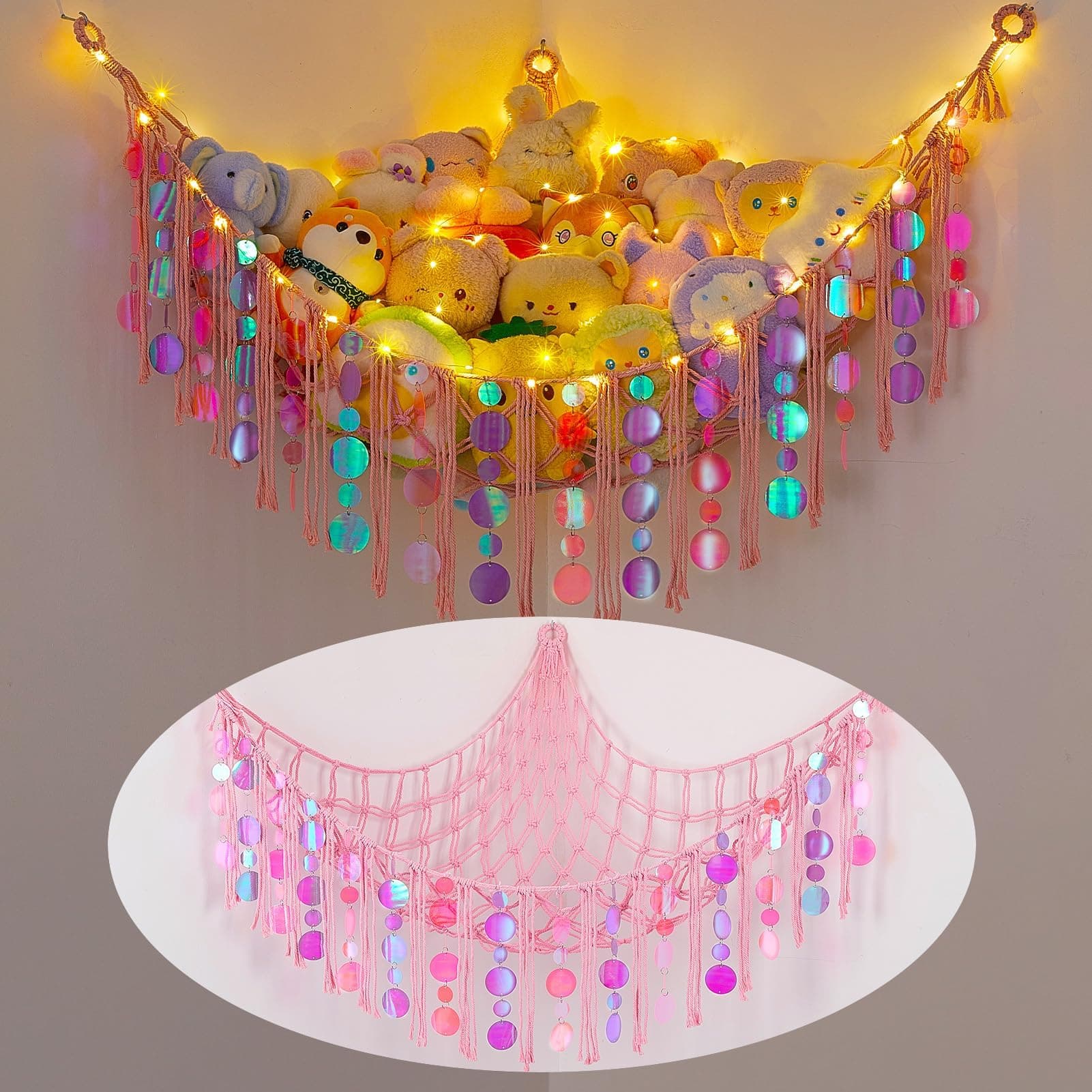 KanYool Stuffed Animal Hammock, Wall Hanging Stuffed Animal Storage Hammock With Led Light Corner Net for Stuffed Animals, Plush Net Room Décor with Sequins for Bedroom Playroom Pink