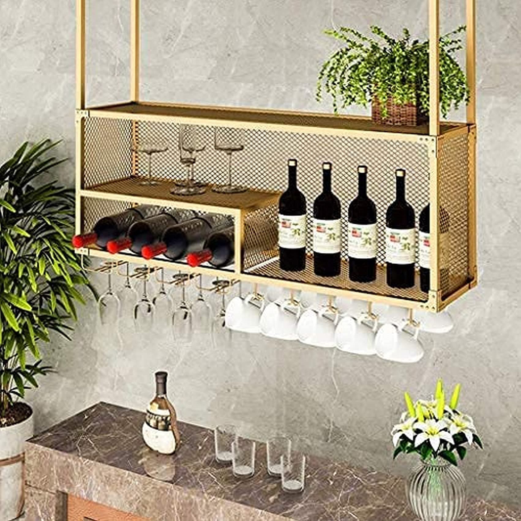 Wine Rack Ceiling Wine Racks,Bar,Restaurant,Wine Glass Rack,Home Hanging Stemware Holder Iron Art Red Counter Suspended Ceiling Stemware Storage Shelf Cup Holders,120X30Cm