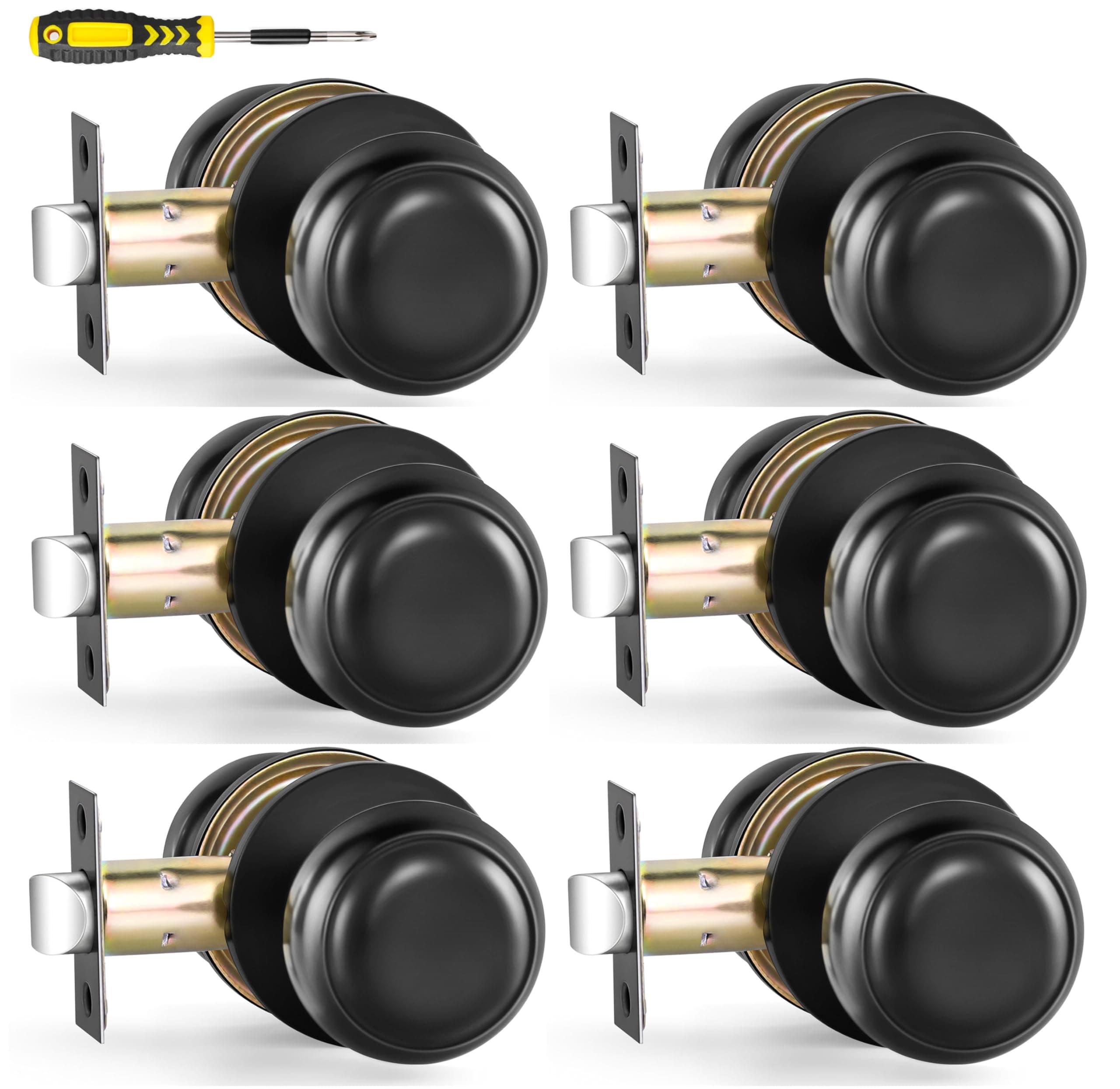 AoutDrr 6 Pack Matte Black Passage Door Knob for Hall and Closet Door Knobs, Black Interior Door Knobs Hallway and Closet Door Handle Lockset, Round Passage Black Knobs