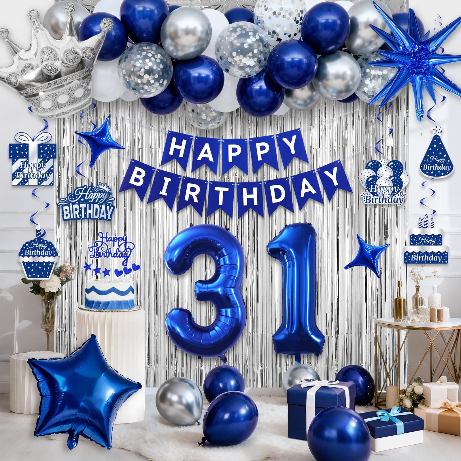 31st Birthday Decorations, Blue and Silver Happy Birthday Decorations for Boys Girls, Navy Blue 31st Birthday Party Packs with Banner Balloons Silver Fringe Curtains Foil Balloons