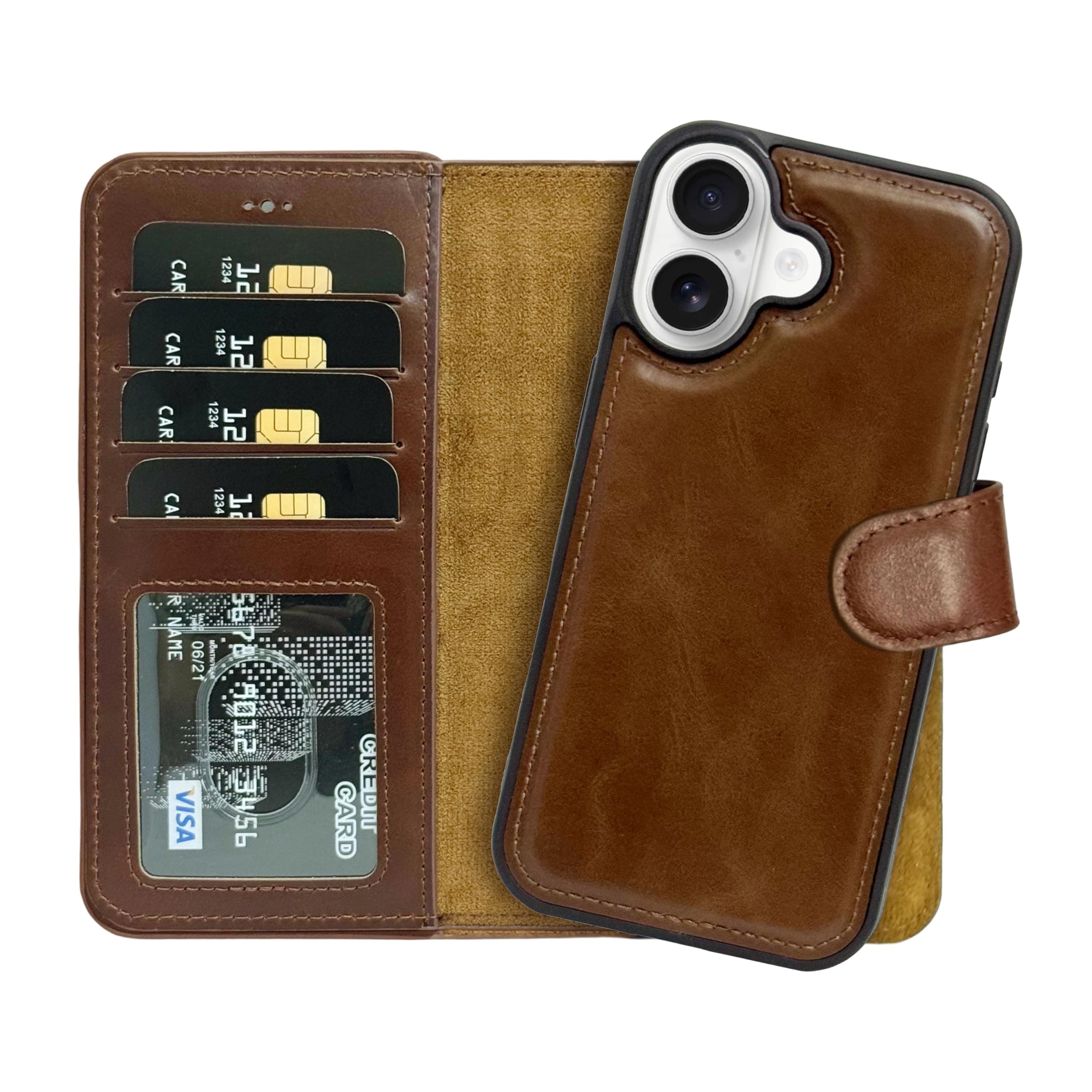 HARDISTON Genuine Leather Handmade Wallet Case Compatible with iPhone 17 - MagSafe Compatible - Double Magnetic Flip Cover with Card Holders - Horizontal Kickstand (Brown)