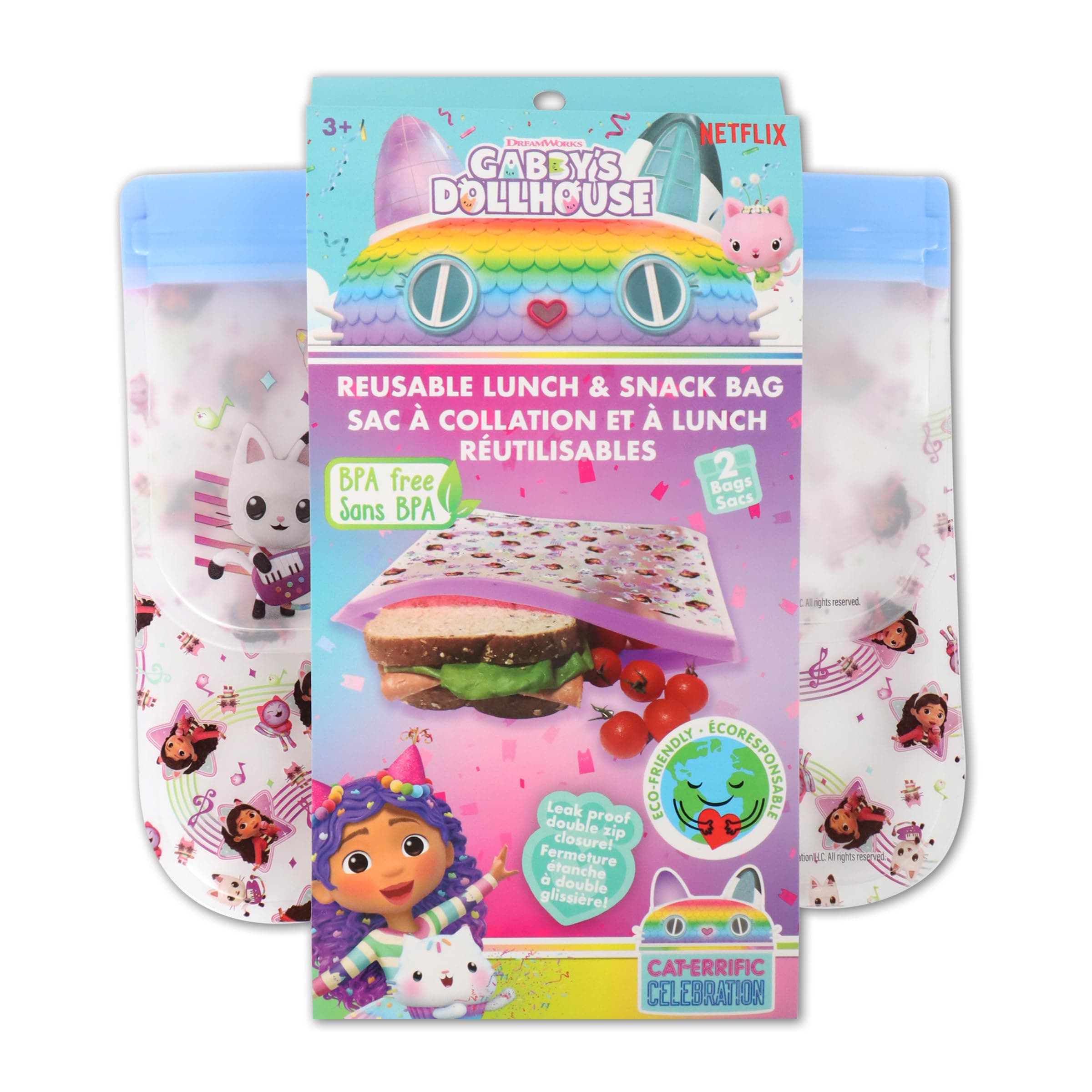 PEVA REUSABLE SNACK BAG 2 PK, FOR KIDS SCHOOL LUNCH, WASHABLE AND FOOD-SAFE- GABBY