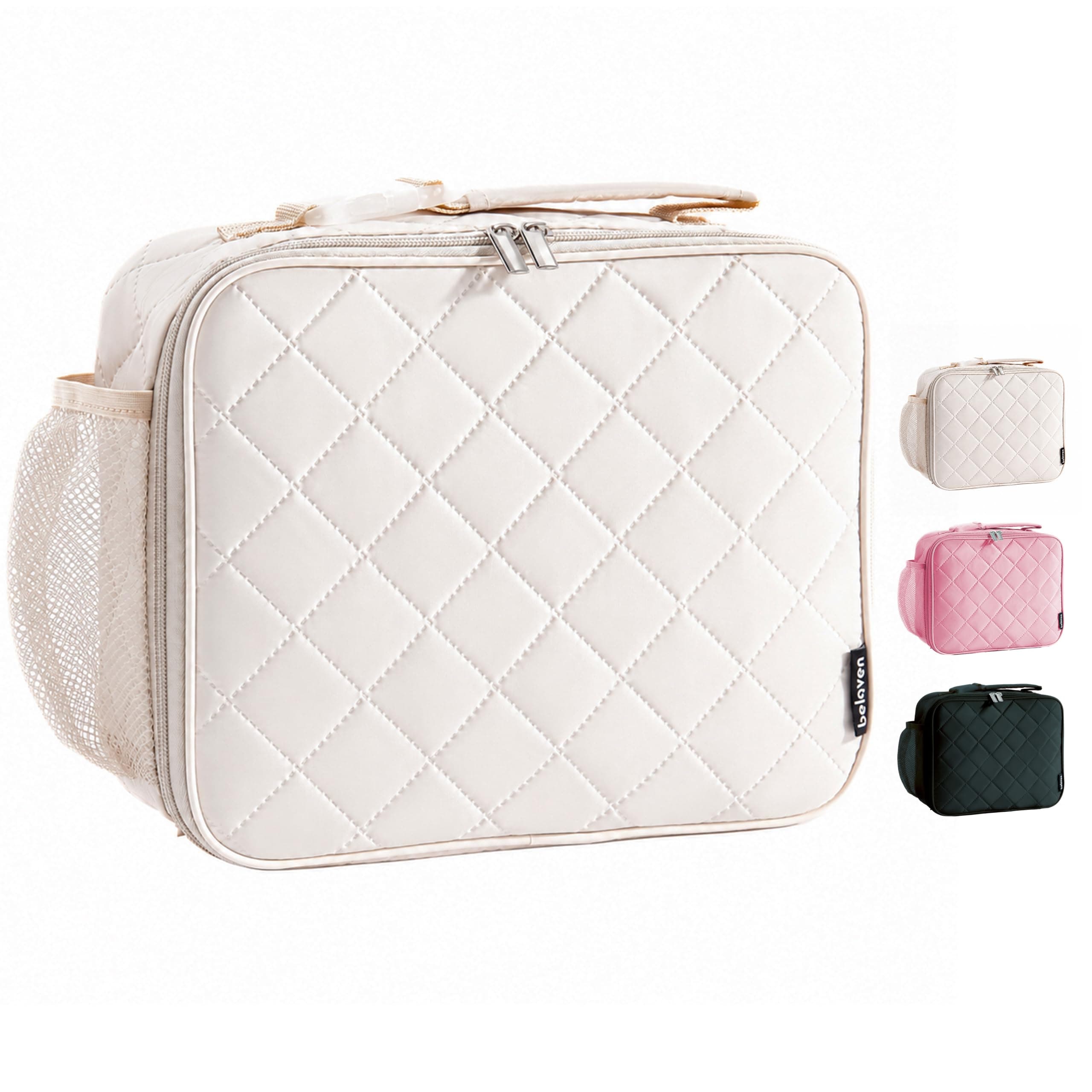 belaven Insulated Lunch Bag - Beige Diamond Quilted Lunch Tote with Aluminum Foil Lining, Reusable Food-Safe Lunch Box for Office, Picnic, Lunch Bag for Women (Water-Resistant & Easy-Clean)