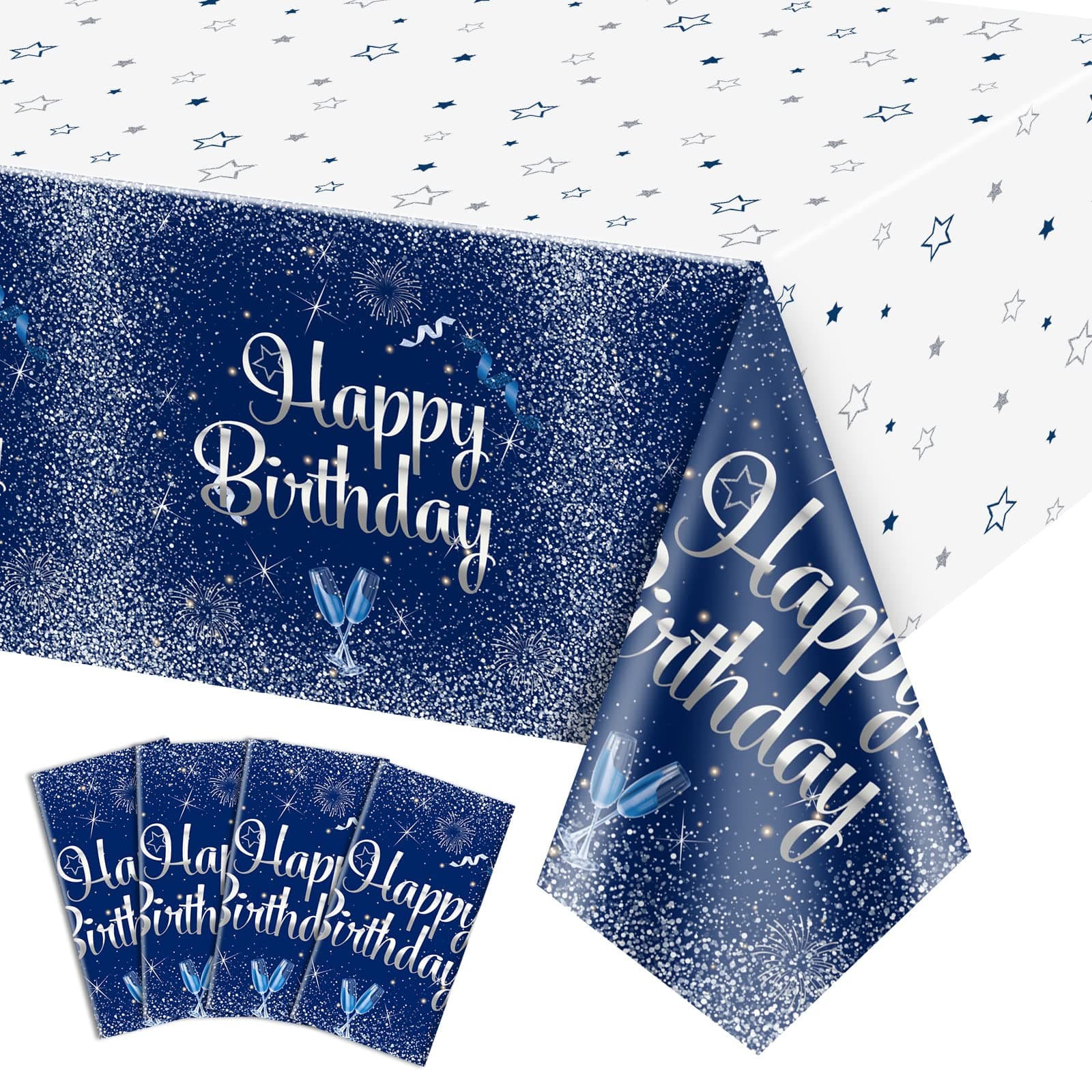 4 Pack Navy Blue and Silver Happy Birthday Tablecloths, 51x87'' Rectangle Table Cover for Men Women Boys Girls Birthday Party Decorations Supplies