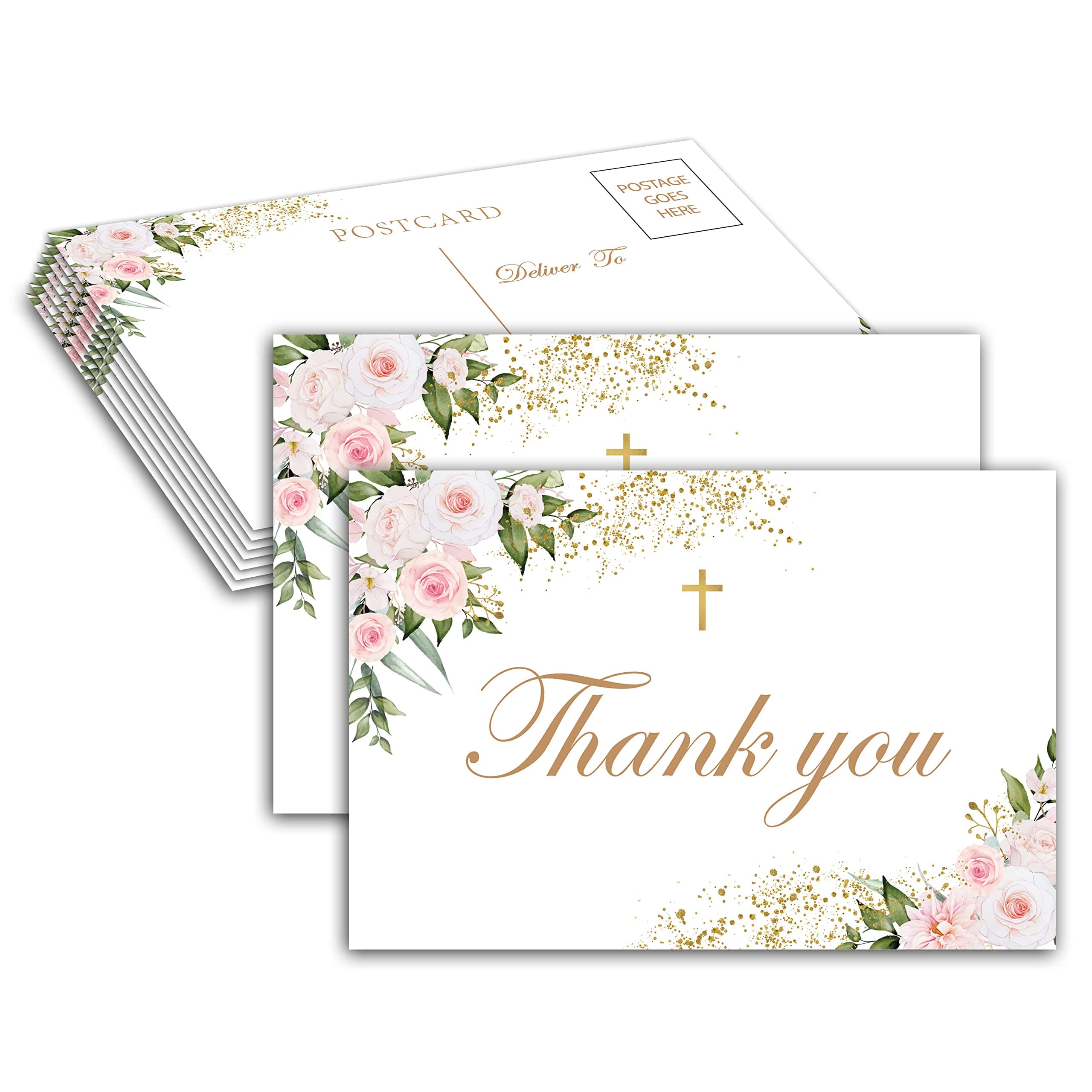 Baptism Thank You Post Cards, Boho Blush Pink Floral Baby Shower Thank You Card, Greenery 1st Communion Religious Christening Ceremony Celebration, Gender Reveal Party Decorations - A04(25 Pack)