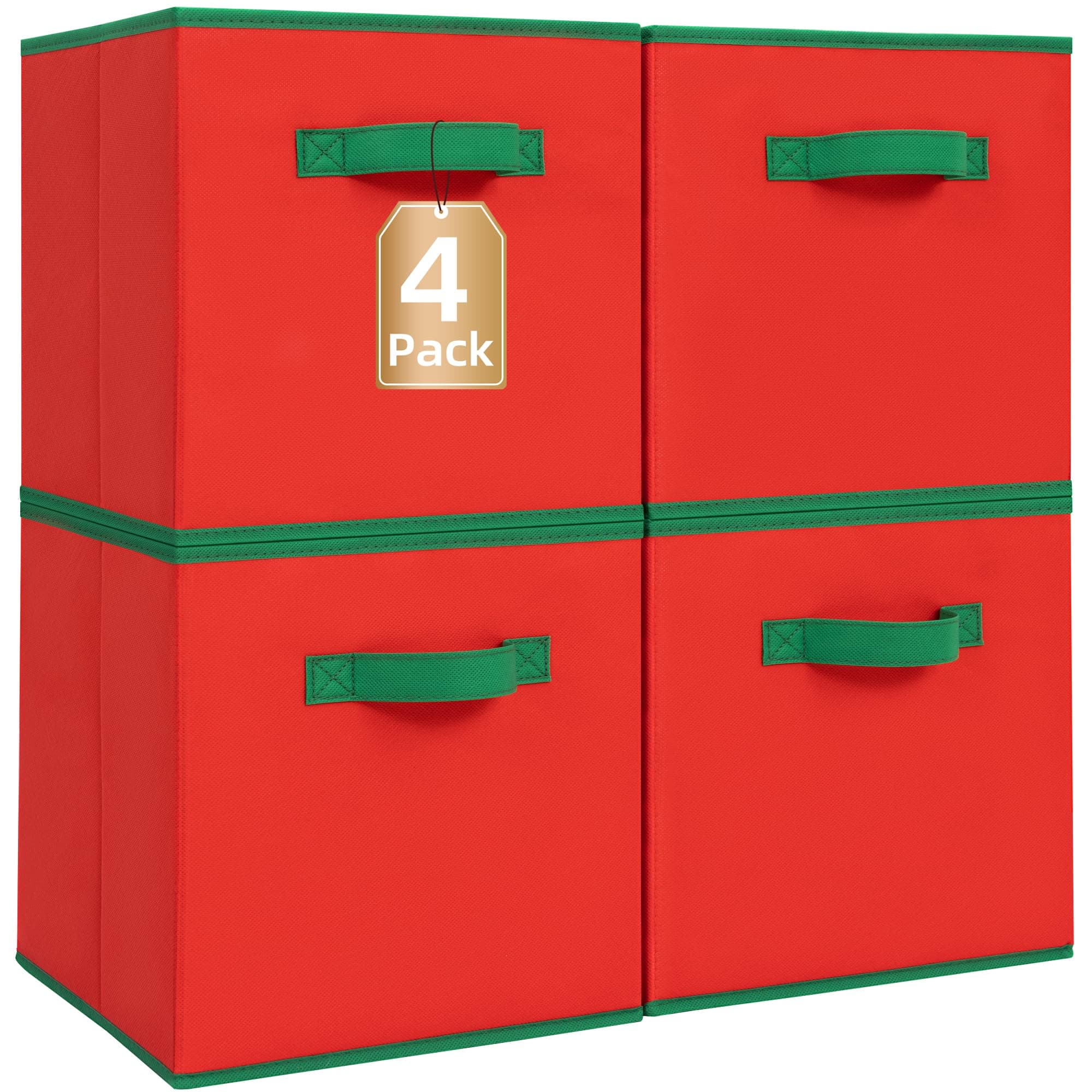 STORAGE MANIAC Storage Cubes, 11 Inch Durable 4 Pack Storage Shelf Basket for Christmas, Fabric Foldable Collapsible Bins with Handles for Organization, Closet, Shelves, Offices, Toys, Red