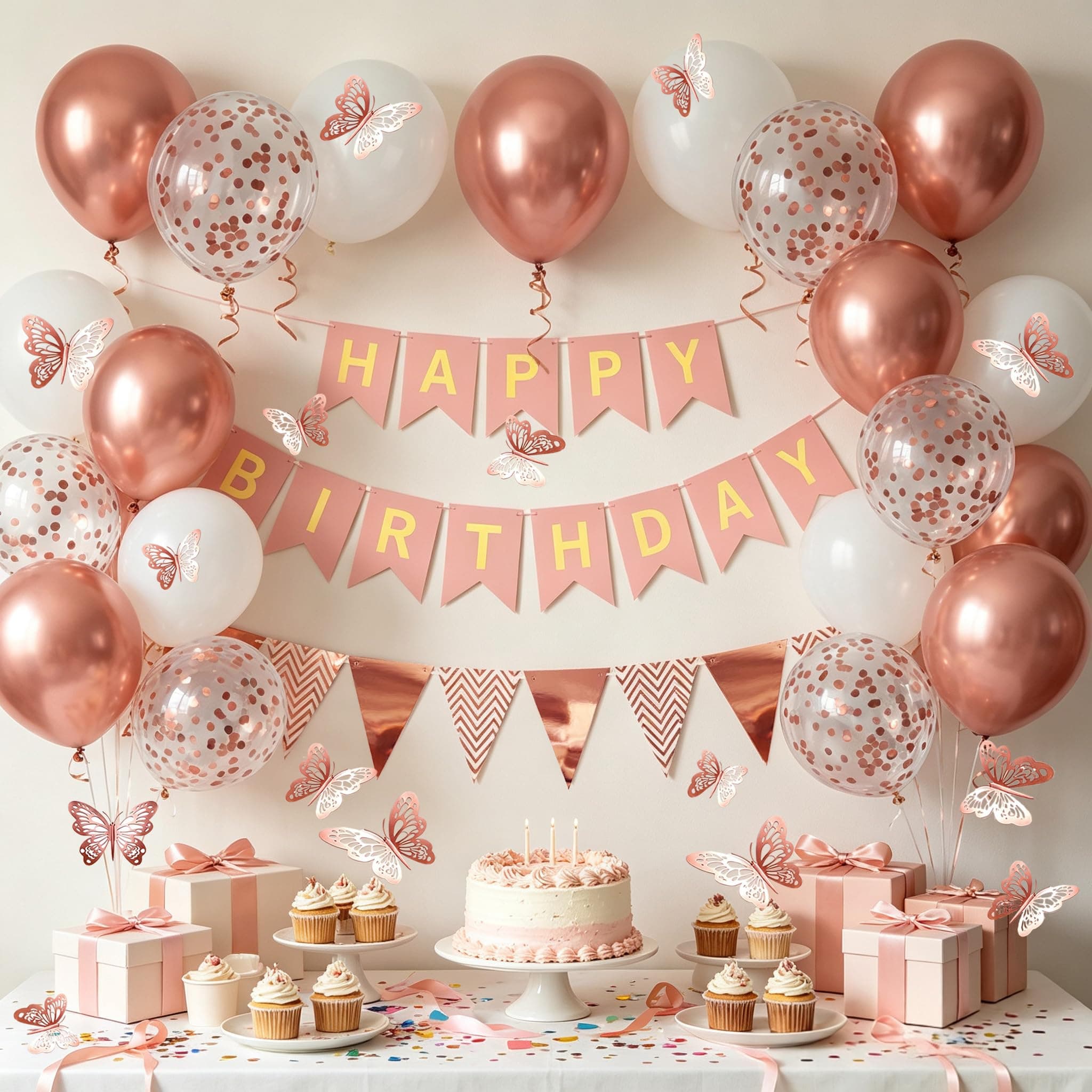 Rose Gold Birthday Decorations Women, Happy Birthday Banner for Girls Party Decorations with Balloons, Pennant Banner Flags and Rose Gold Butterfly Decorations