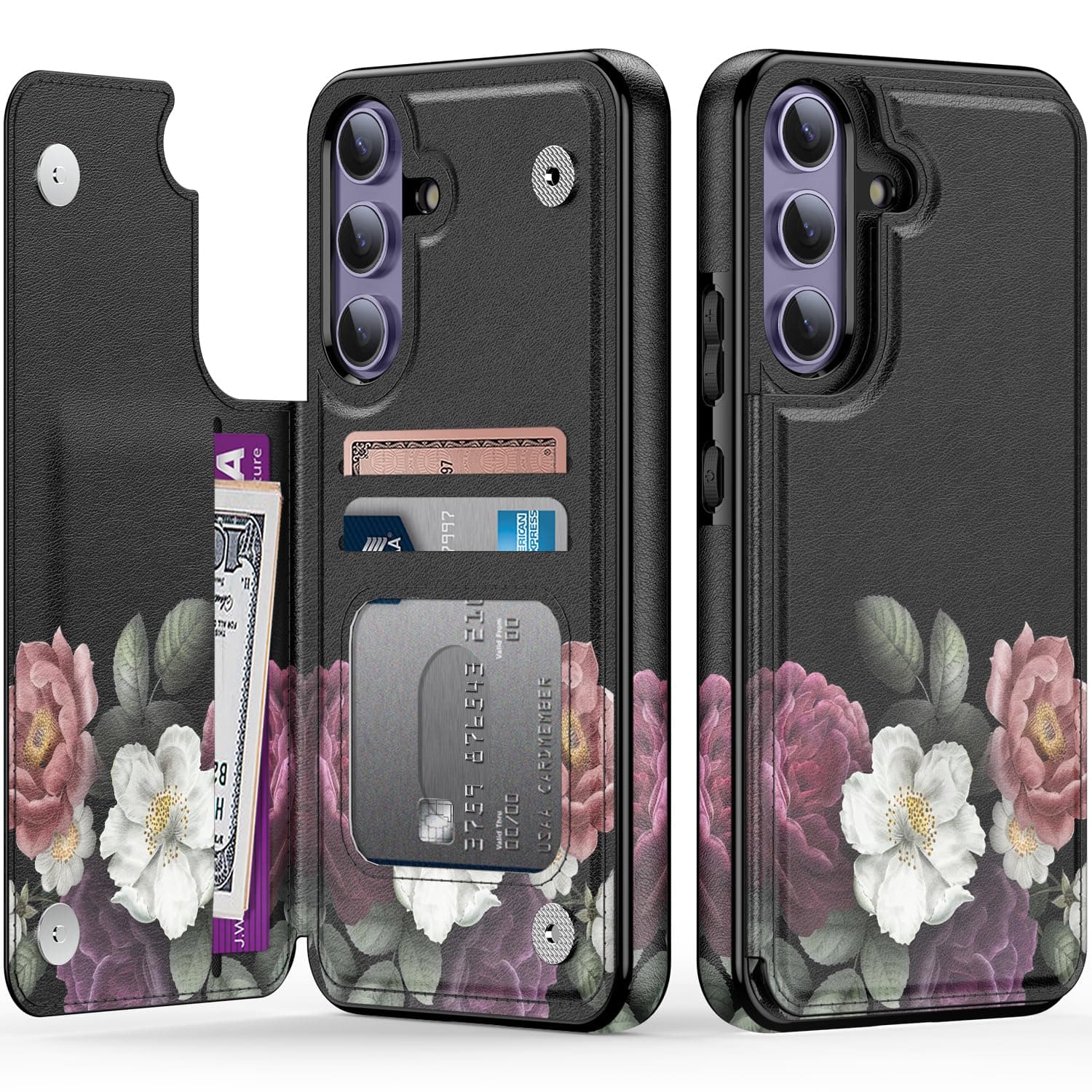 LETO for Samsung Galaxy S24 Wallet Case - Flip Folio Leather Kickstand - Fashionable Flower Designs - Credit Card Holder - Protective Phone Cover for Women and Girls - 6.2" - Cute Flrals