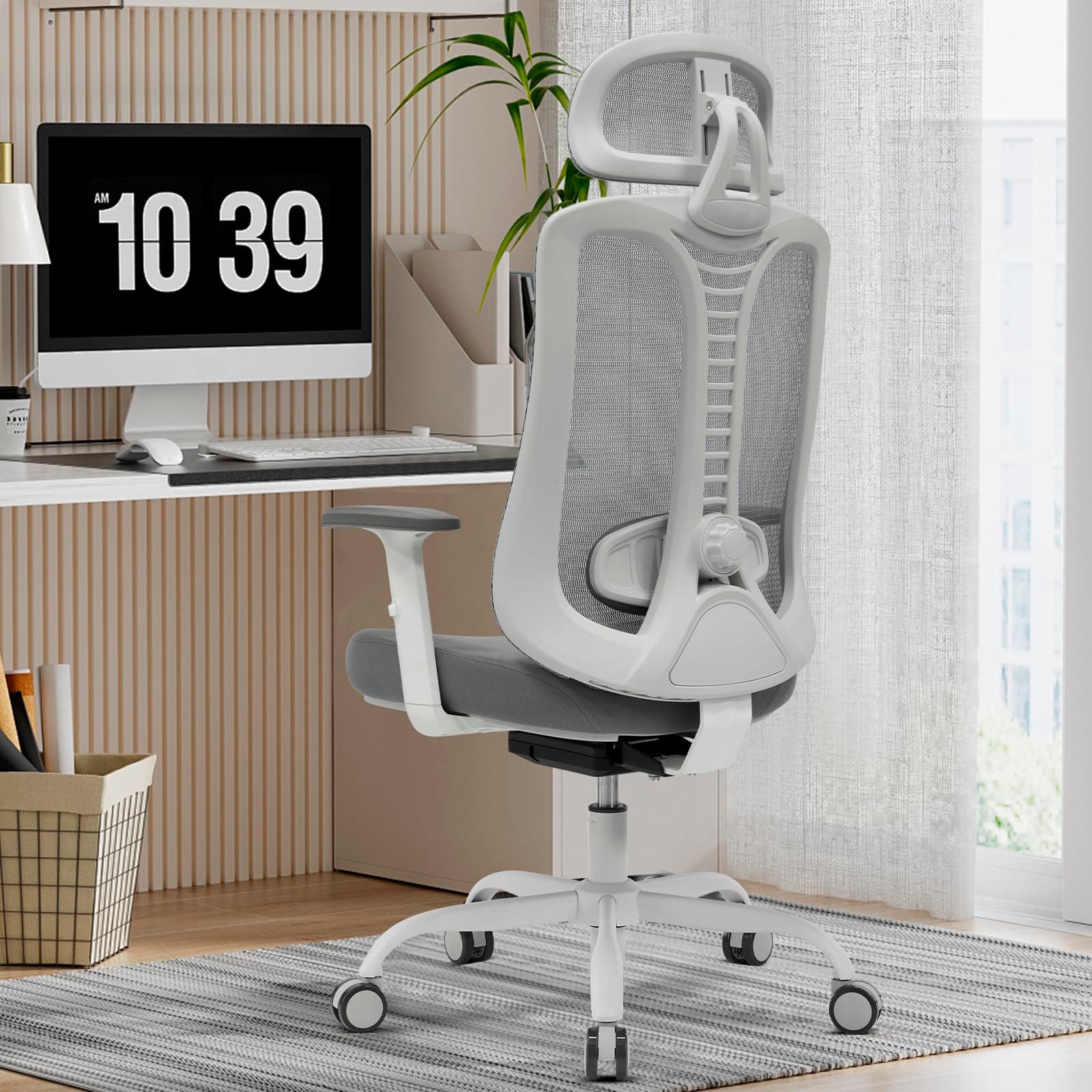 Ergonomic Office Chair, 4 Gear Adjustable Home Desk Chair,Adjustable Lumbar Support with Thickened Cushion,3D Headrest & Comfortable Armrest Computer Chair White