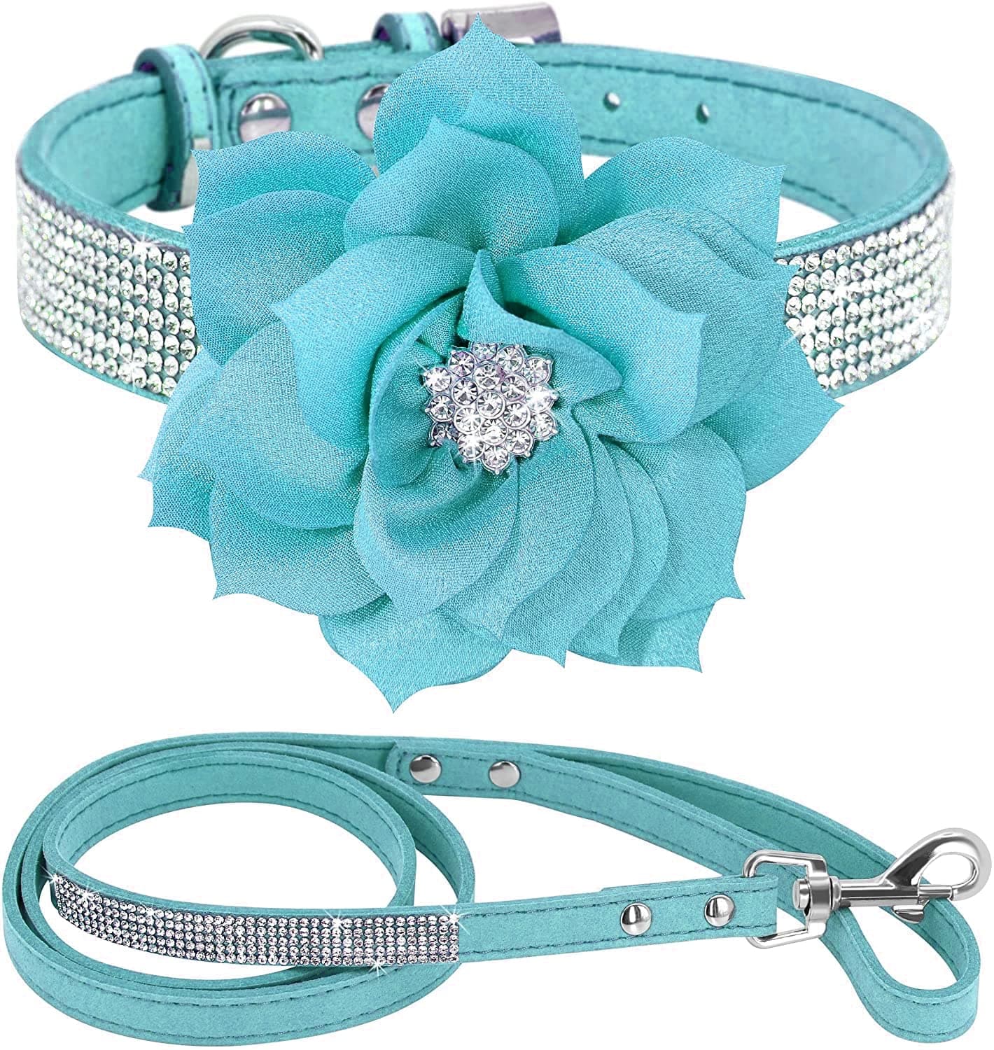 Haoyueer Cute Dazzling Sparkling Elegant Fancy Soft Suede Leather Bling Rhinestone Crystal Jeweled Pet Cat Dog Puppy Collar Dog Leash Combo Set (Blue7, S)