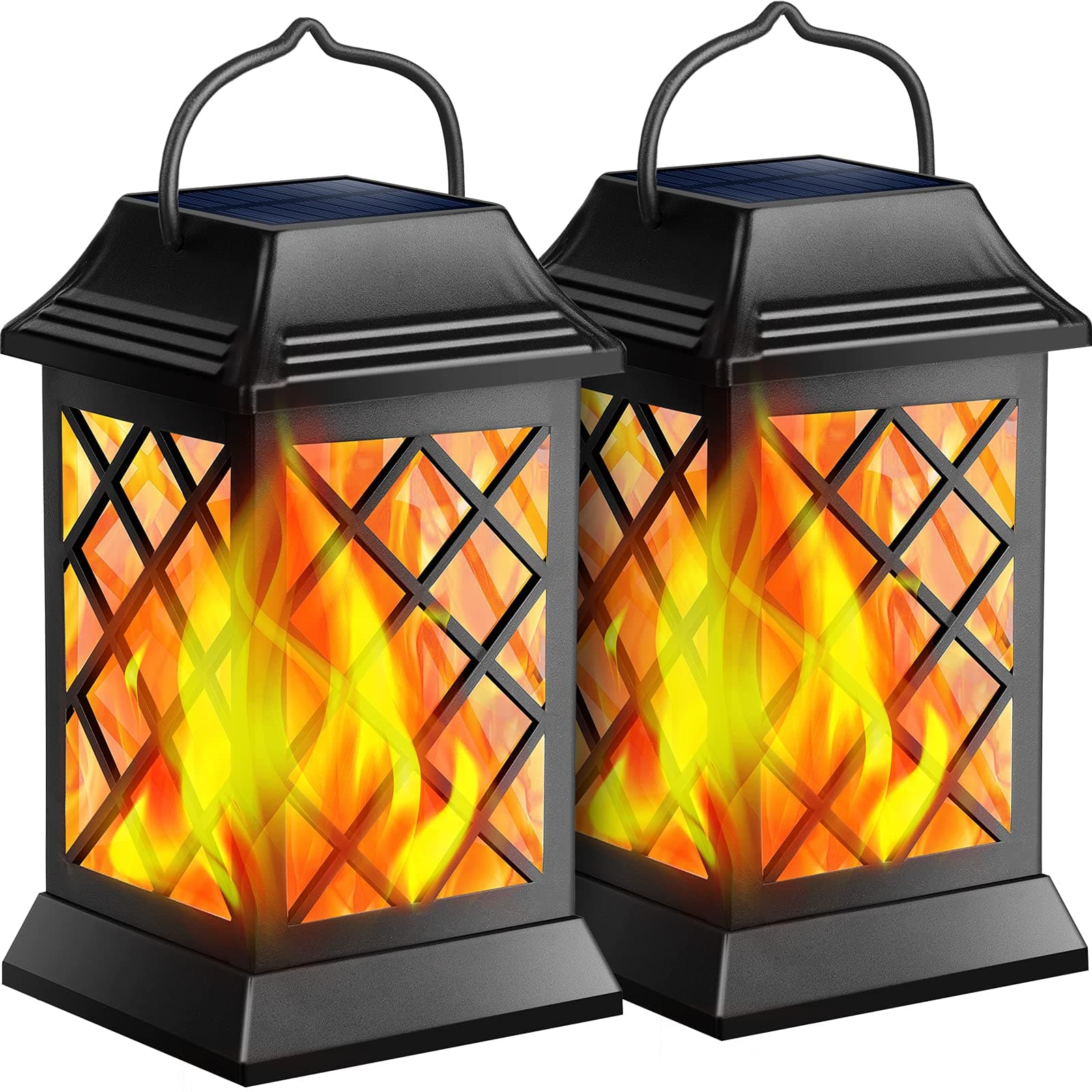 TomCare Solar Lights Outdoor Flickering Flame Metal Solar Lantern Outdoor Hanging Decorative Lanterns Heavy Duty Waterproof Umbrella Decorations Lighting for Patio Garden Deck Yard, 2 Pack, Black