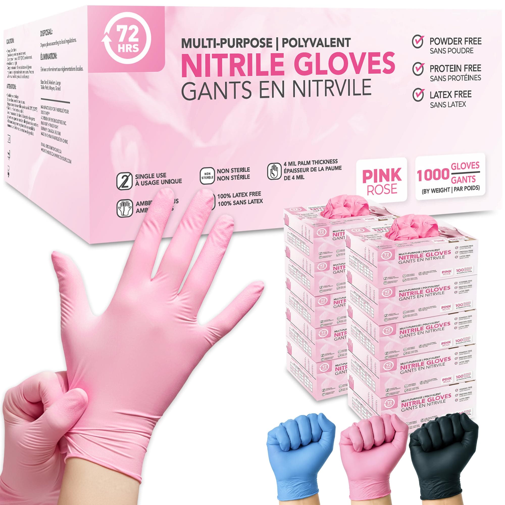 72HRS Pink Nitrile Gloves - 4 Mil Disposable Gloves (1000 Pieces, Small)