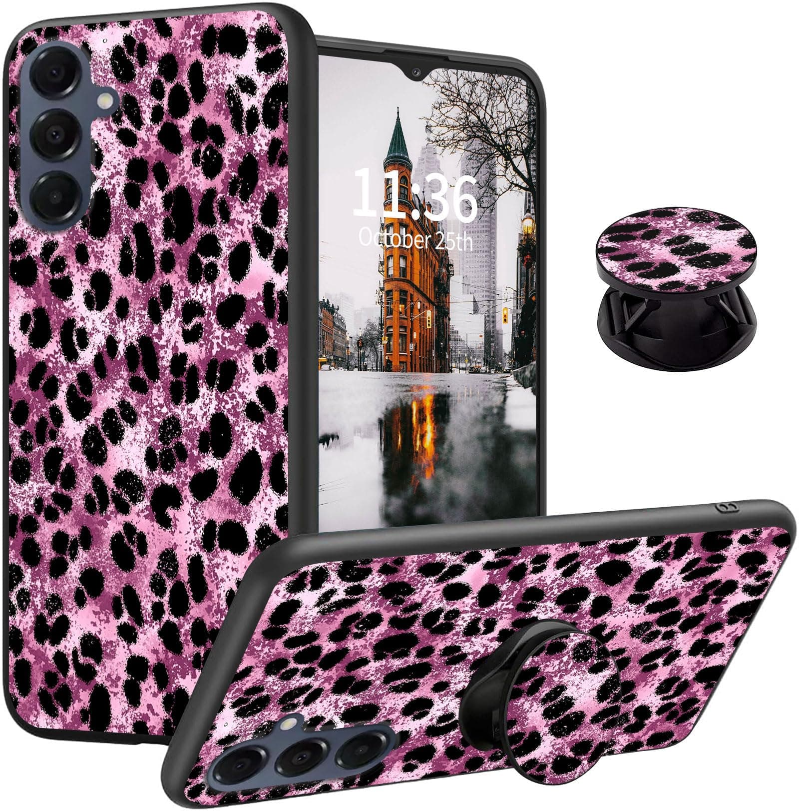 Qindaiwen for Samsung Galaxy A35 5G Case with Finger Expanding Stand Holder, Soft TPU Silicone Slim Phone Cover Shockproof Drop Proof Protective for Samsung A35 5G, Leopard Print