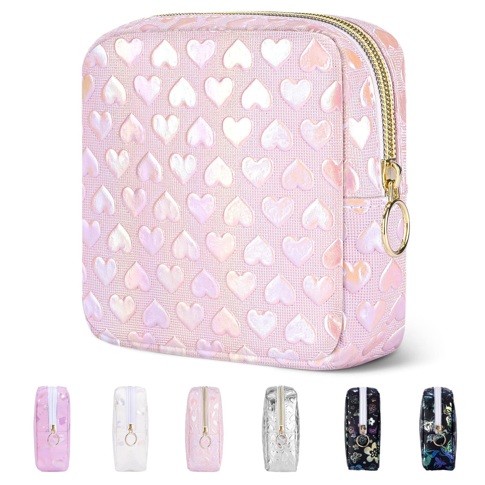 Likesing 5.1" Mini Makeup Bag for Purse, Nylon Small Makeup Pouch Travel Cosmetic Make up Bags for Women Girls, Cute Preppy Mini Toiletry Bag Coin Pouch Period Bag, Pink, 3D Love