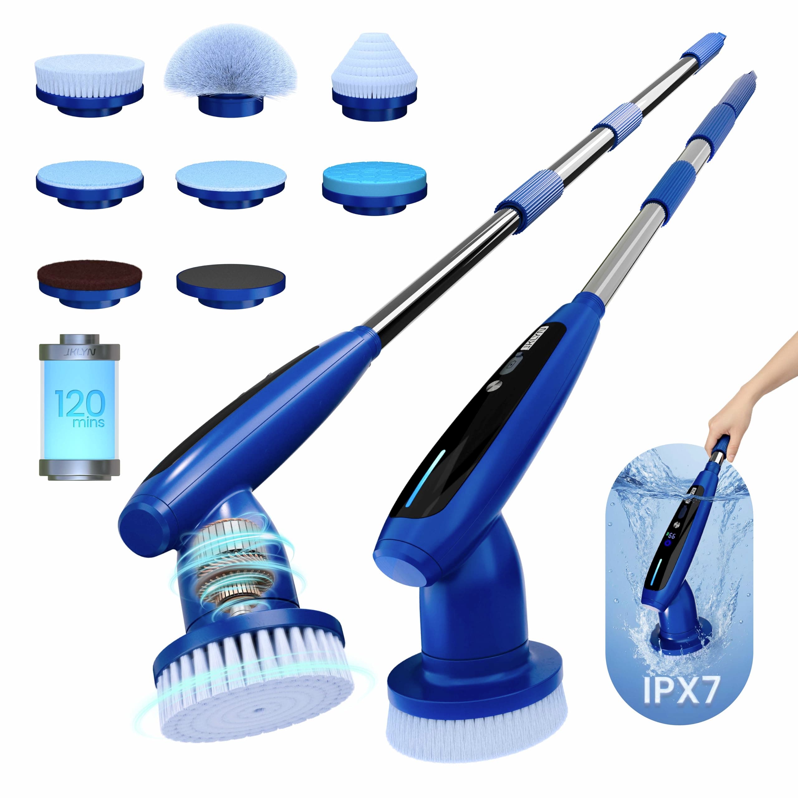 iKLYN 8-in-1 Electric Spin Scrubber, Fully Waterproof Cordless Power Cleaning Brush with LED Display, 2 Speed Settings, Extension Handle for Bathroom, Tubs, Shower, Kitchen, Tile, Sinks, Car, Floor