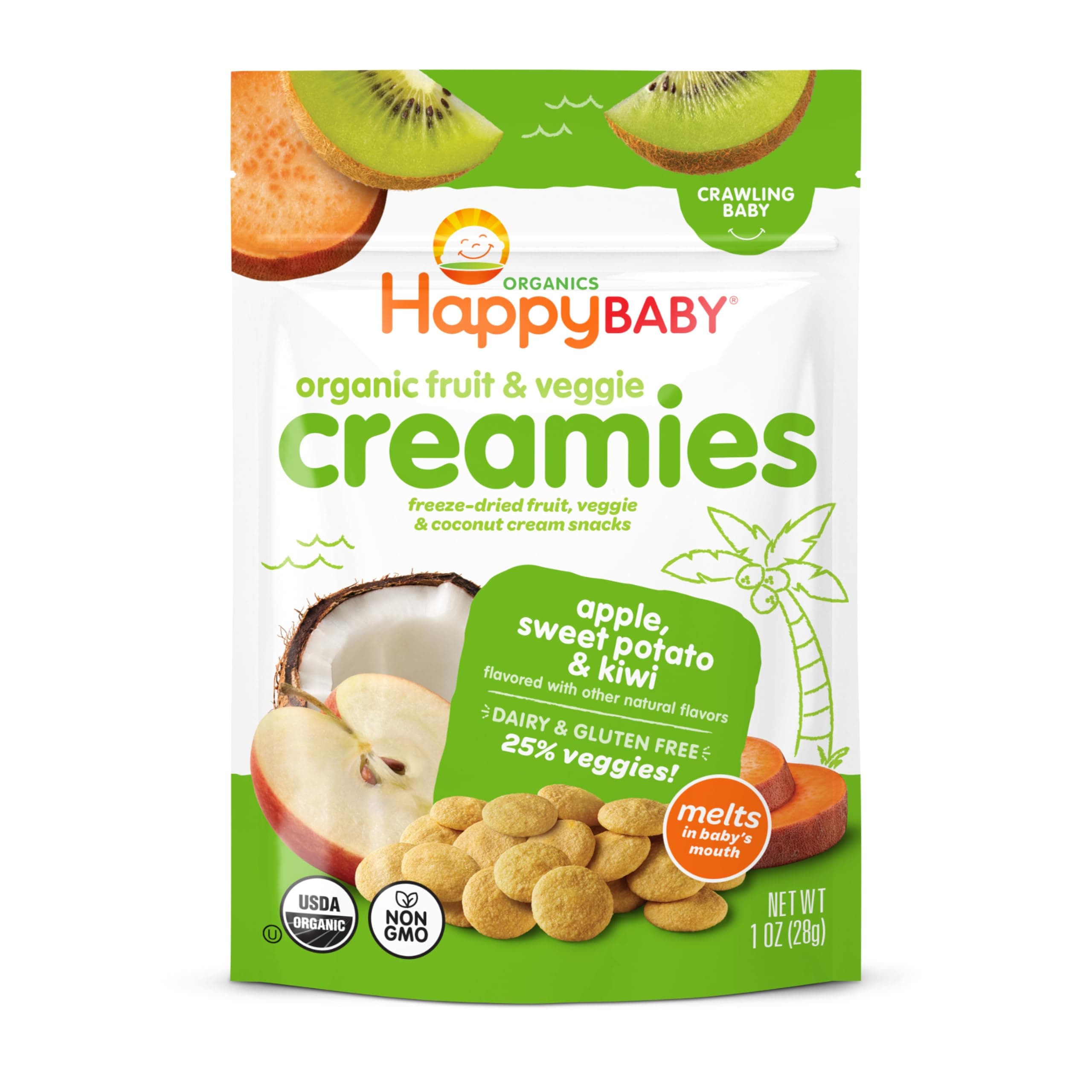 Happy Baby Organic Creamies Freeze-Dried Fruit, Veggie, & Coconut Cream Snacks, with Apple, Sweet Potato, and Kiwi, Made for Crawling Baby, 1 Ounce Bag