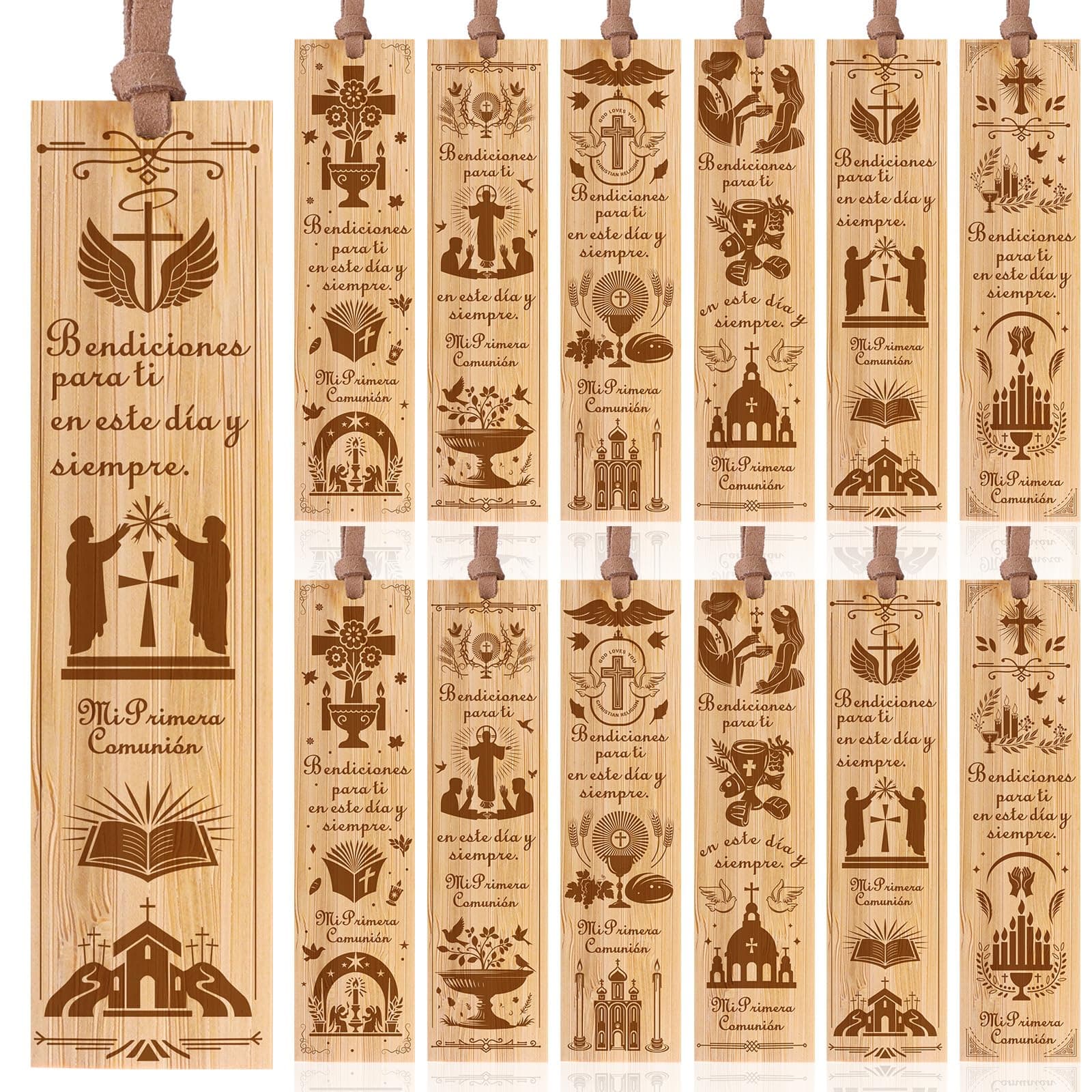 12 Pcs Spanish First Holy Communion Bookmarks First Communion Wooden Mi Primera Comunión Bookmark Gift for Women Men Baptism Catholic Christian Religious Supplies