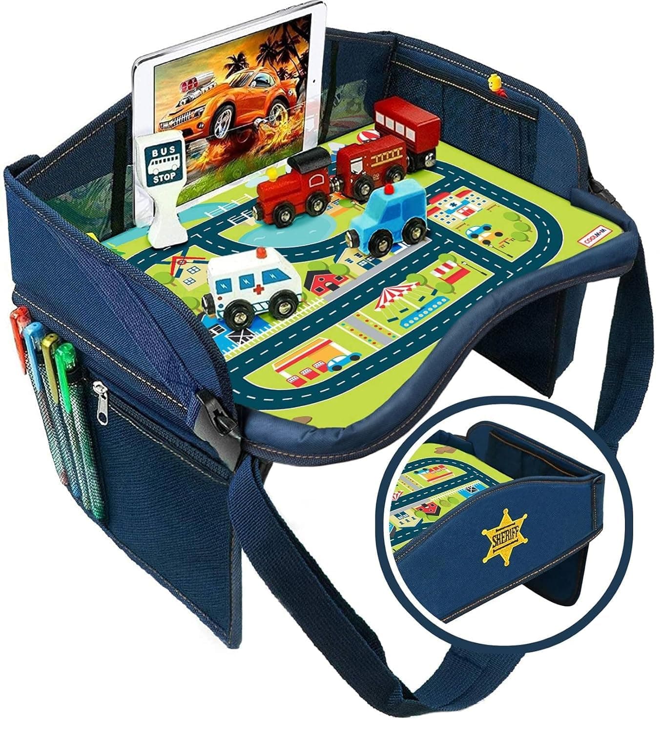Coolmum Smart Travel Tray – Ideal as Kids Travel Tray – Toddler Travel Tray & Baby Stroller Tray – Travel Activity Tray & Play Tray – Baby Snack Tray & Kid's Car Seat Tray - Play Table (Premium Blue)