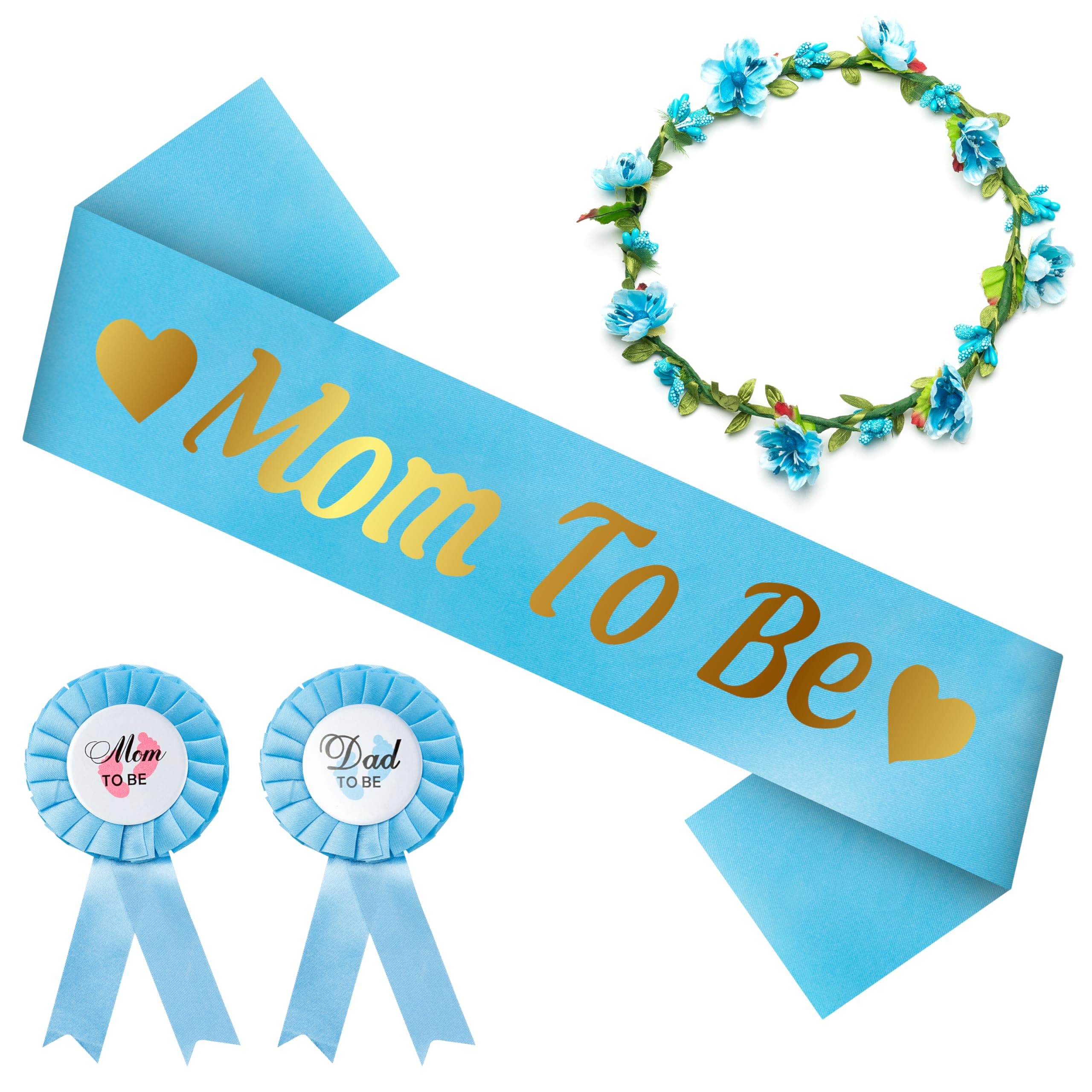 Blue and Gold Mom to Be Sash Kit Gender Reveals Party Floral Garland Crown with Daddy to Be Tinplate Badge Combo Decor Supplies Favors for Boys Baby Shower Party Photo Prop Gift