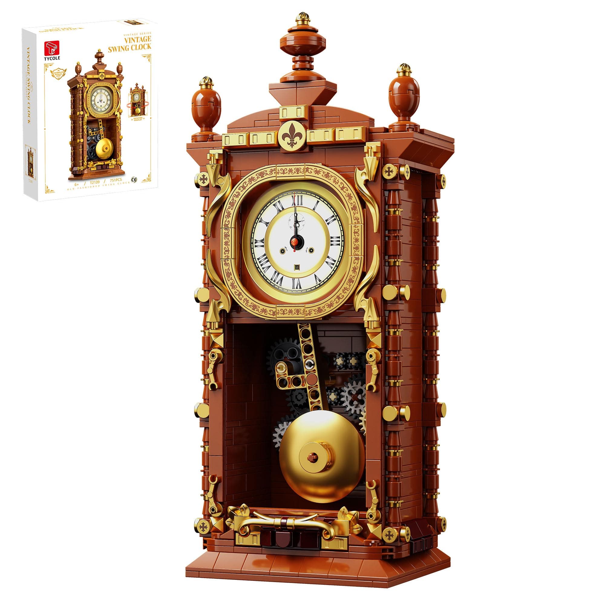 TYCOLE Vintage Pendulum Clock Building Block Set,Stem Toy with Real Clock Function and Linkable Mechanical Pendulum,Unique Home Decoration and Collectible for Adults&Kids 6+