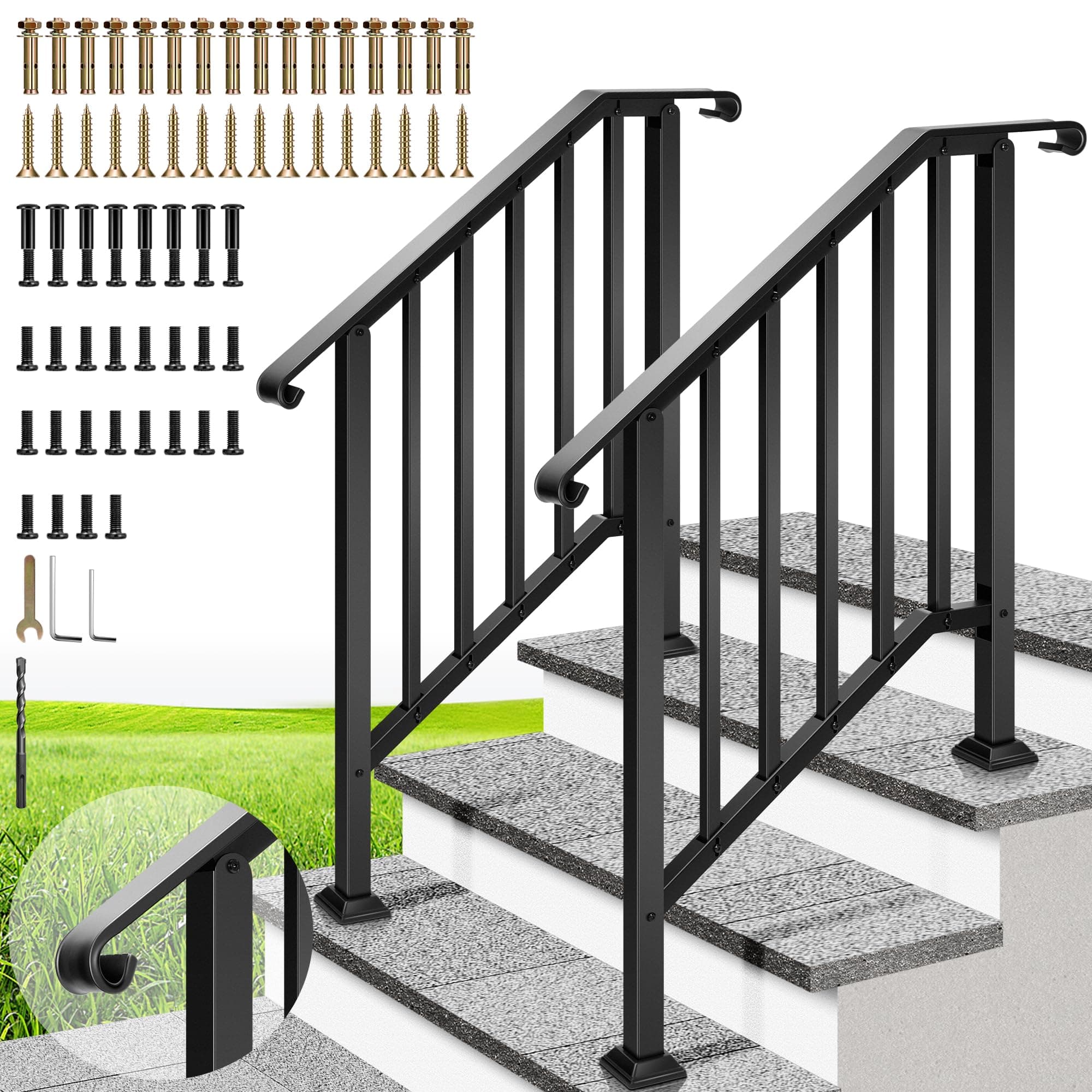 VIVOHOME 2-Pack Galvanized Steel Outdoor Handrails – Curved Ends and Safety Vertical Balusters Exterior Railing Kit for Porch, Deck, or Indoor Stairs (3-Step, Black)