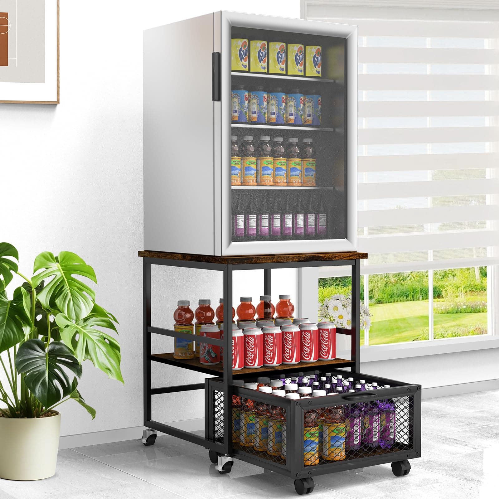 Sugitek Mini Fridge Stand with Storage and 8 Mobile Wheels,Heavy Duty Mobile Mini Fridge Table with Rolling Cabinet 200LB Capacity with Large Capacity Drawers for Home,Kitchen,Office