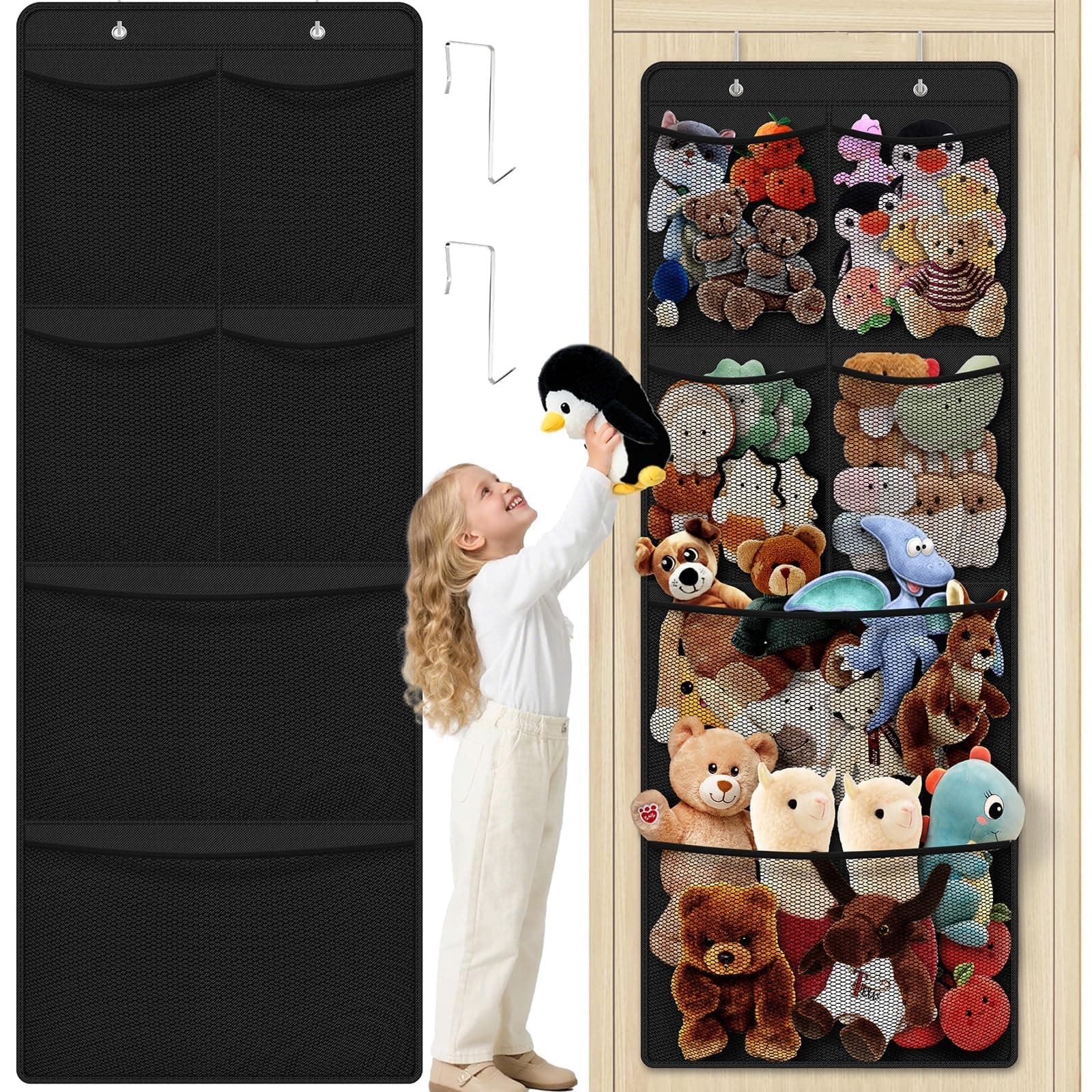 SpaceHacks Stuffed Animal Storage, Black, Large Over the Door Organizer