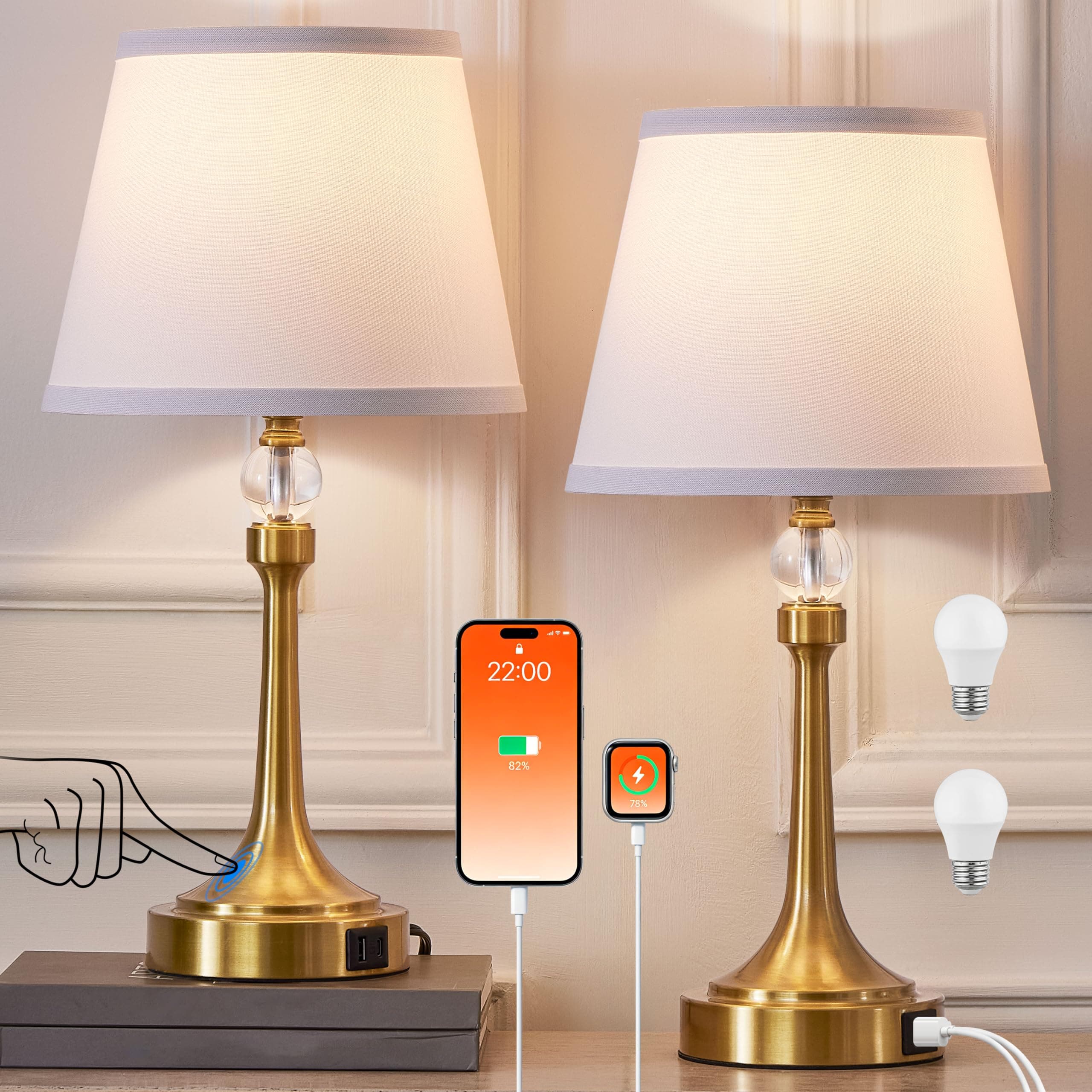Leasgy Touch Gold Table Lamp Set of 2 with USB C+A Ports, Desk Lamp-19.7''